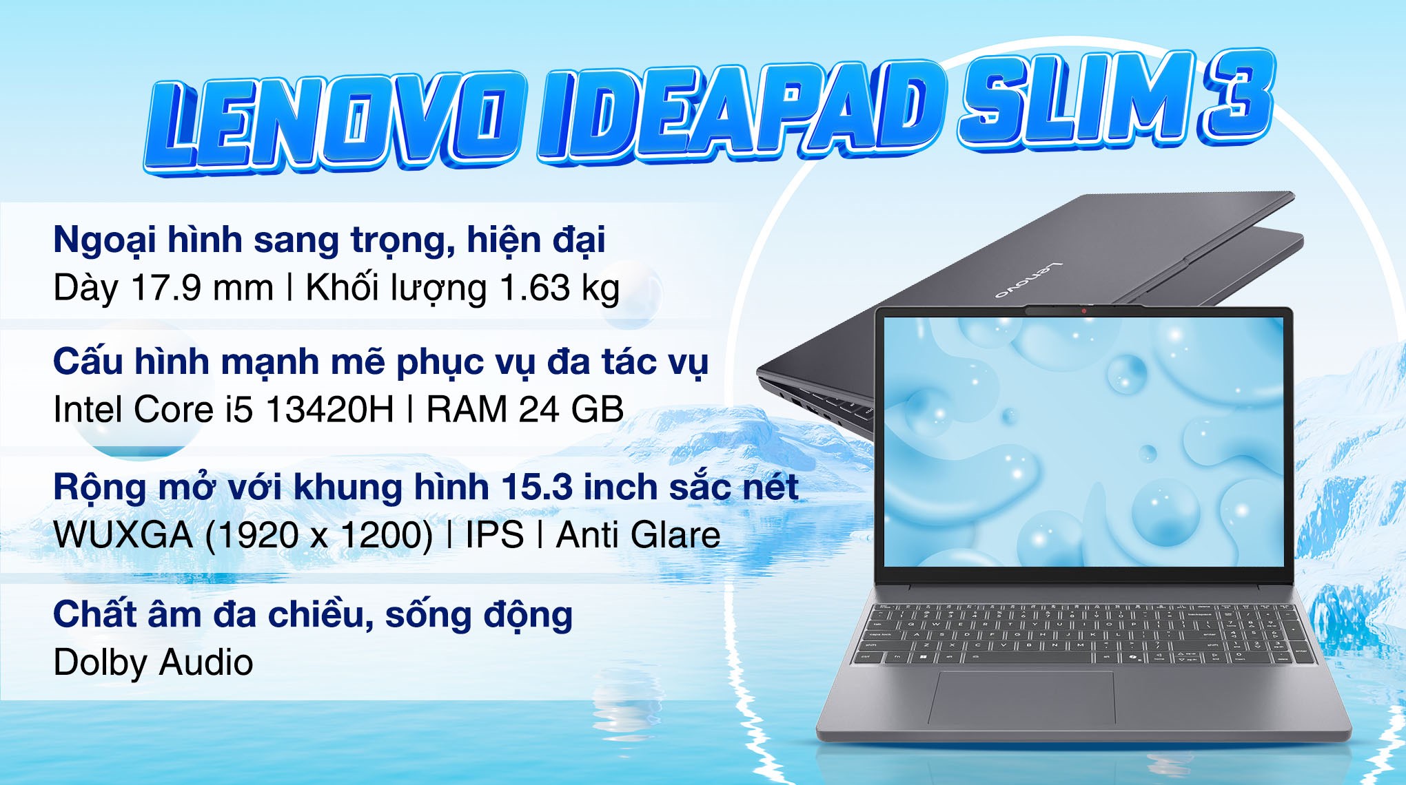 Laptop Lenovo IdeaPad Slim 3 15IRH10 - 83K1000GVN (i5 13420H, 24GB, 512GB, WUXGA, Win11)