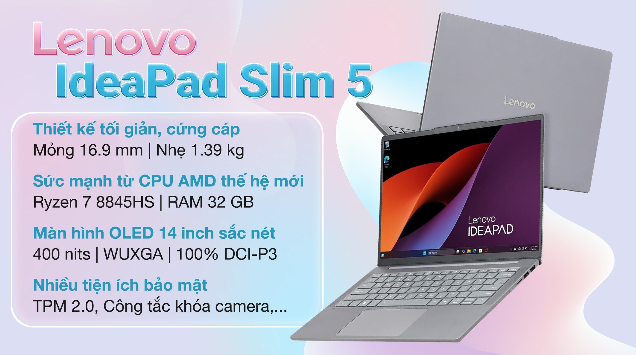 Laptop Lenovo IdeaPad Slim 5 OLED 14AHP10 - 83HV001MVN (R7 8845HS, 32GB, 512GB, WUXGA OLED, OfficeH24+365, Win11)