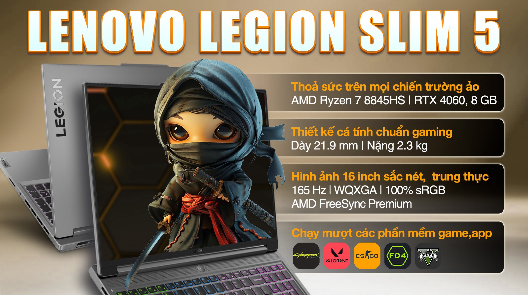 Laptop Lenovo Gaming Legion Slim 5 16AHP9 - 83DH003AVN (R7 8845HS, 16GB, 512GB, RTX 4060 8GB, WQXGA 165Hz, Win11)