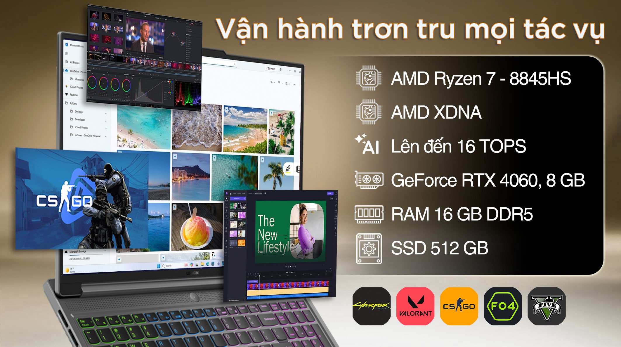 Laptop Lenovo Gaming Legion Slim 5 16AHP9 - 83DH003AVN (R7 8845HS, 16GB, 512GB, RTX 4060 8GB, WQXGA 165Hz, Win11)