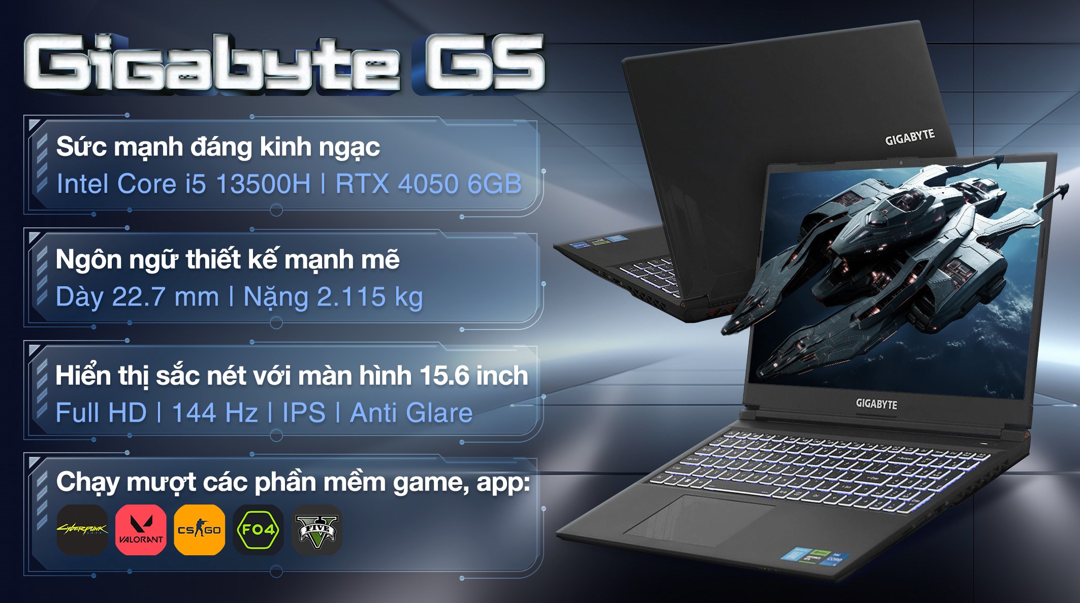 Laptop GIGABYTE Gaming G5 MF5 RC555 - 9RC55MF5FEIAA1VN0C0 (i5 13500H, 16GB, 512GB, RTX 4050 6GB, Full HD 144Hz, Win11)