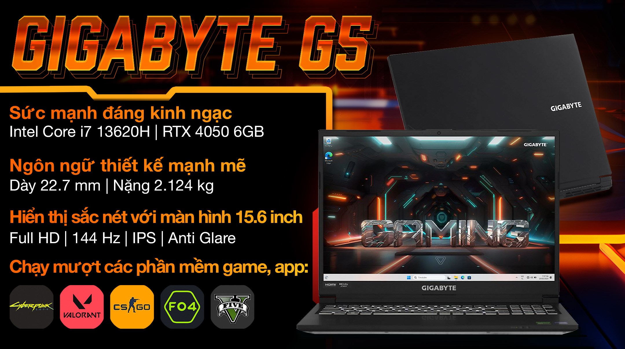 Laptop GIGABYTE Gaming G5 MF5 RC555 - 9RC55MF5FJIINIVN000 (i7 13620H, 16GB, 512GB, RTX 4050 6GB, Full HD 144Hz, Win11)