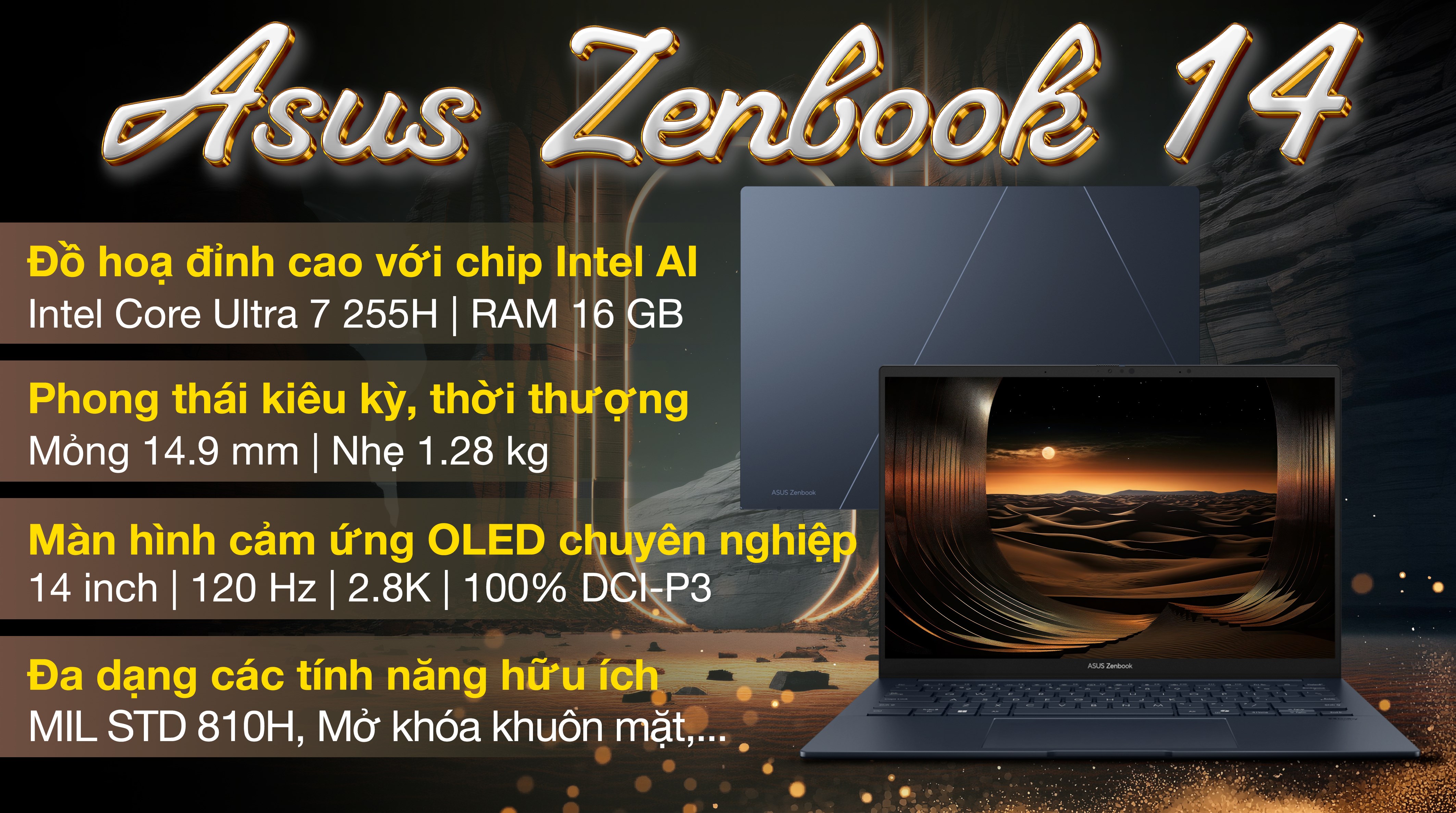 Laptop Asus Zenbook 14 UX3405CA - PZ368WS (Ultra 7 255H, 16GB, 512GB, 2.8K OLED 120Hz, Cảm ứng, OfficeH24+365, Win11)