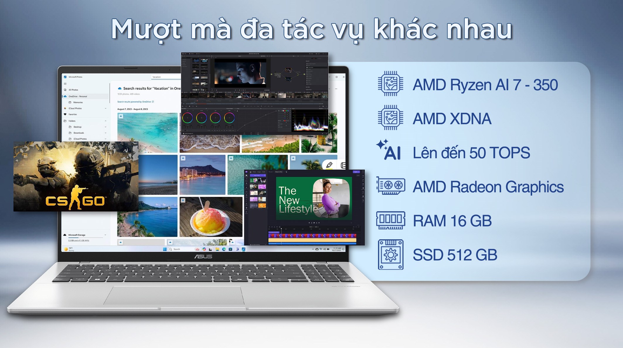 Laptop Asus Vivobook 16 M1607KA - MB091WS (R7 AI 350, 16GB, 512GB, WUXGA, OfficeH24+365, Win11)