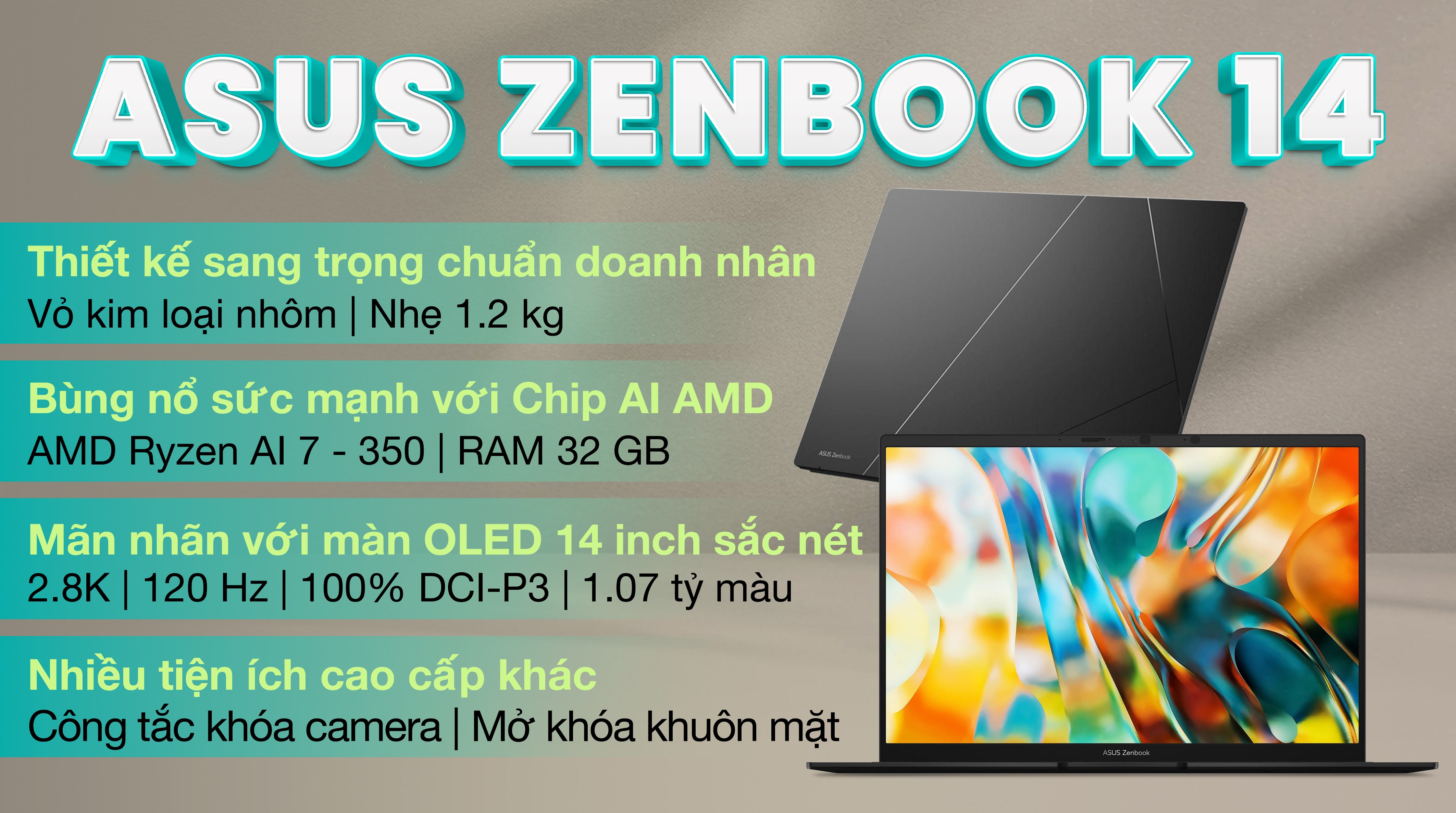 Laptop Asus Zenbook 14 UM3406KA - PP555WS (R7 AI 350, 32GB, 512GB, 2.8K OLED 120Hz, OfficeH24+365, Win11)