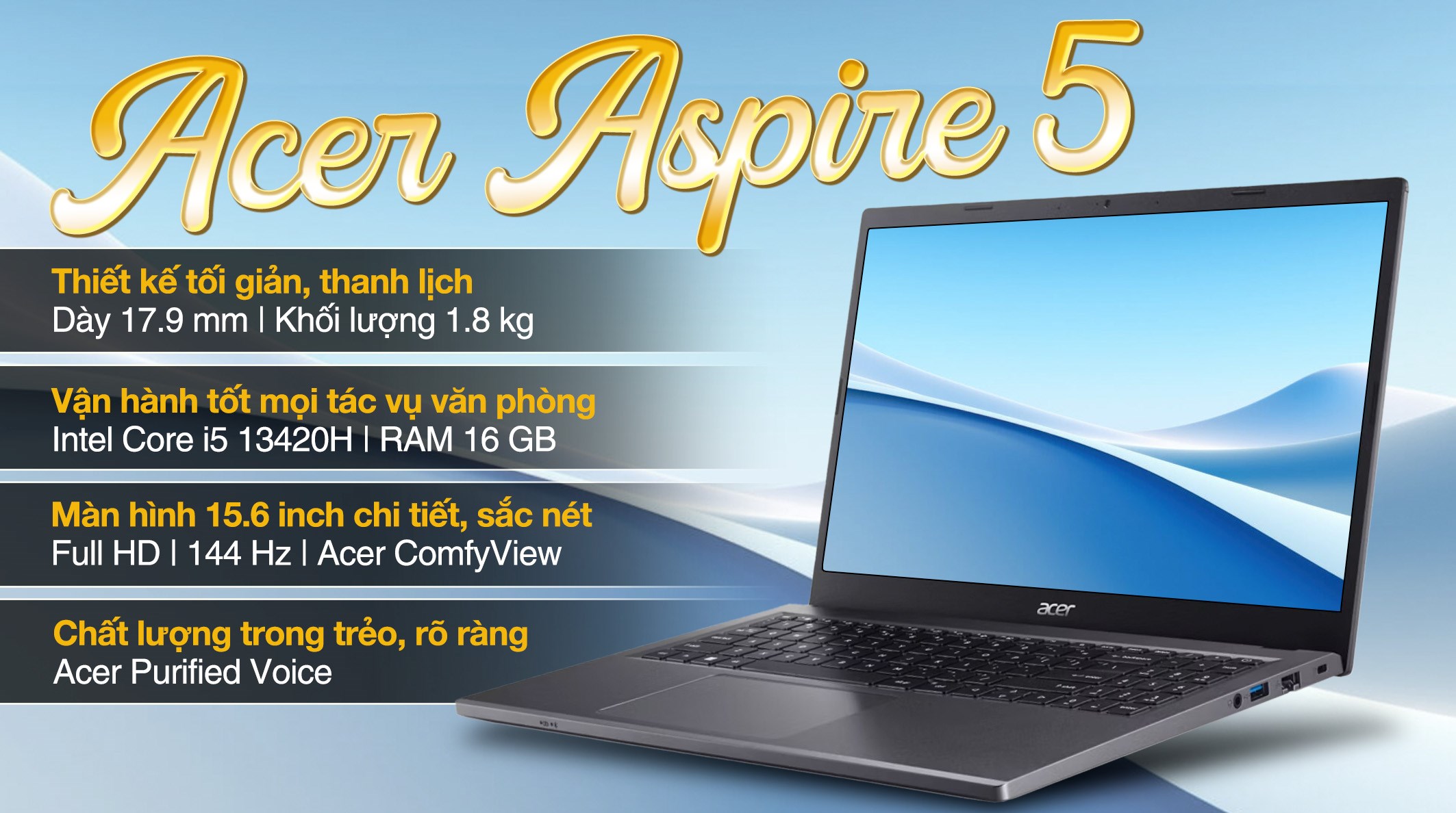 Laptop Acer Gaming Aspire 5 A515 58GM 598J - NX.KW1SV.002 (i5 13420H, 16GB, 512GB, RTX 2050 4GB, Full HD 144Hz, Win11)