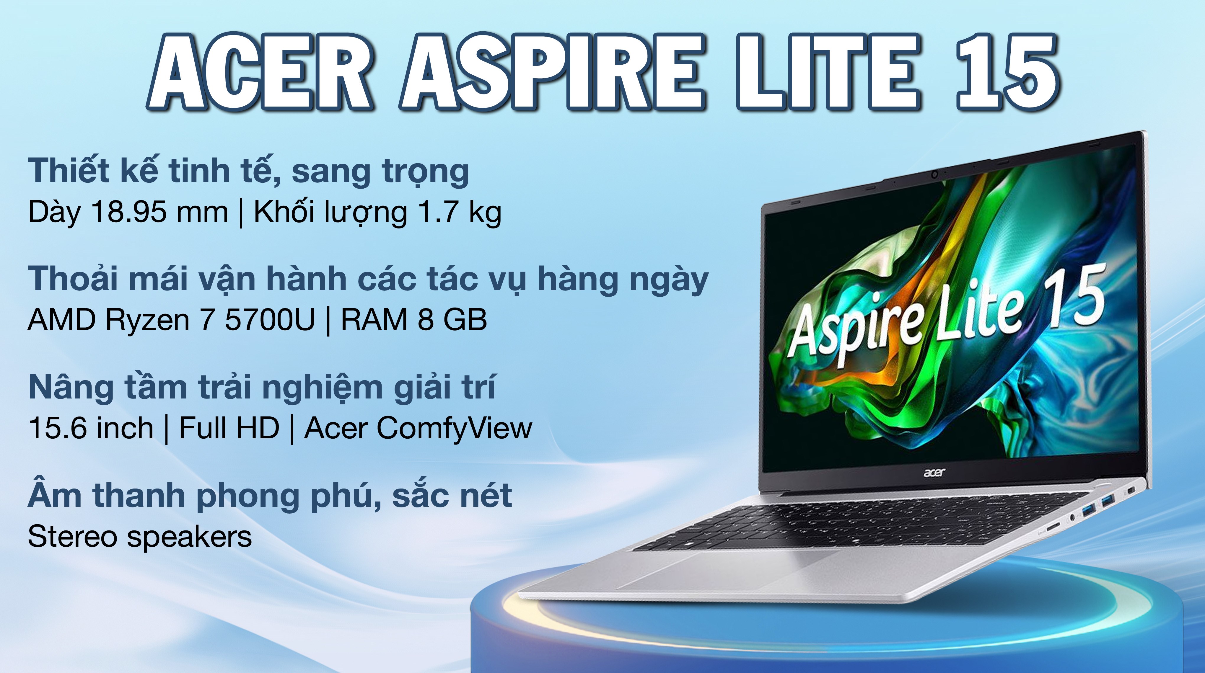 Laptop Acer Aspire Lite 15 AL15 41P R3QL - NX.J54SV.001 (R7 5700U, 8GB, 512GB, Full HD, Win11)