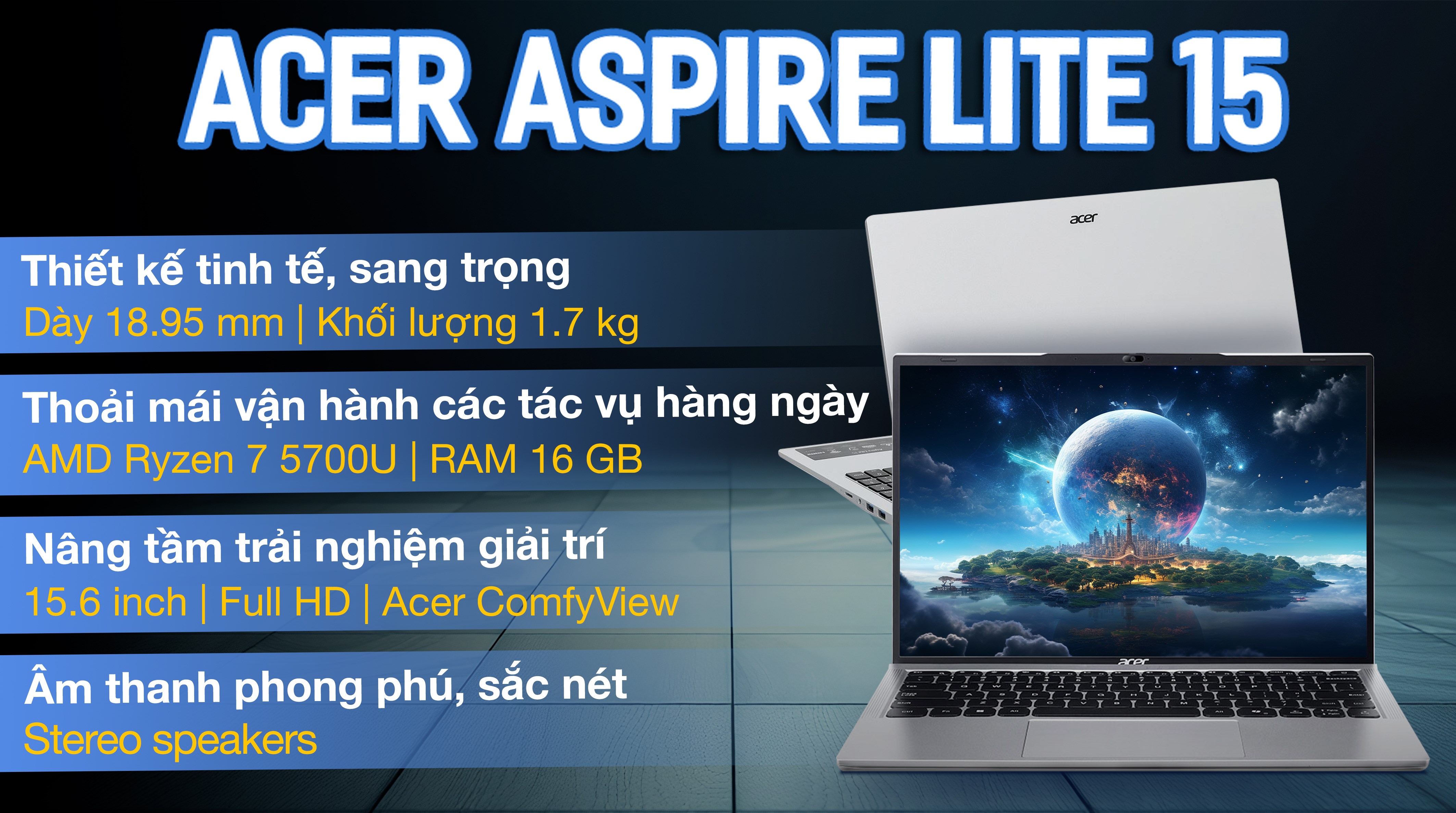 Laptop Acer Aspire Lite 15 AL15 41P R3U5 - NX.J53SV.001 (R7 5700U, 16GB, 512GB, Full HD, Win11)