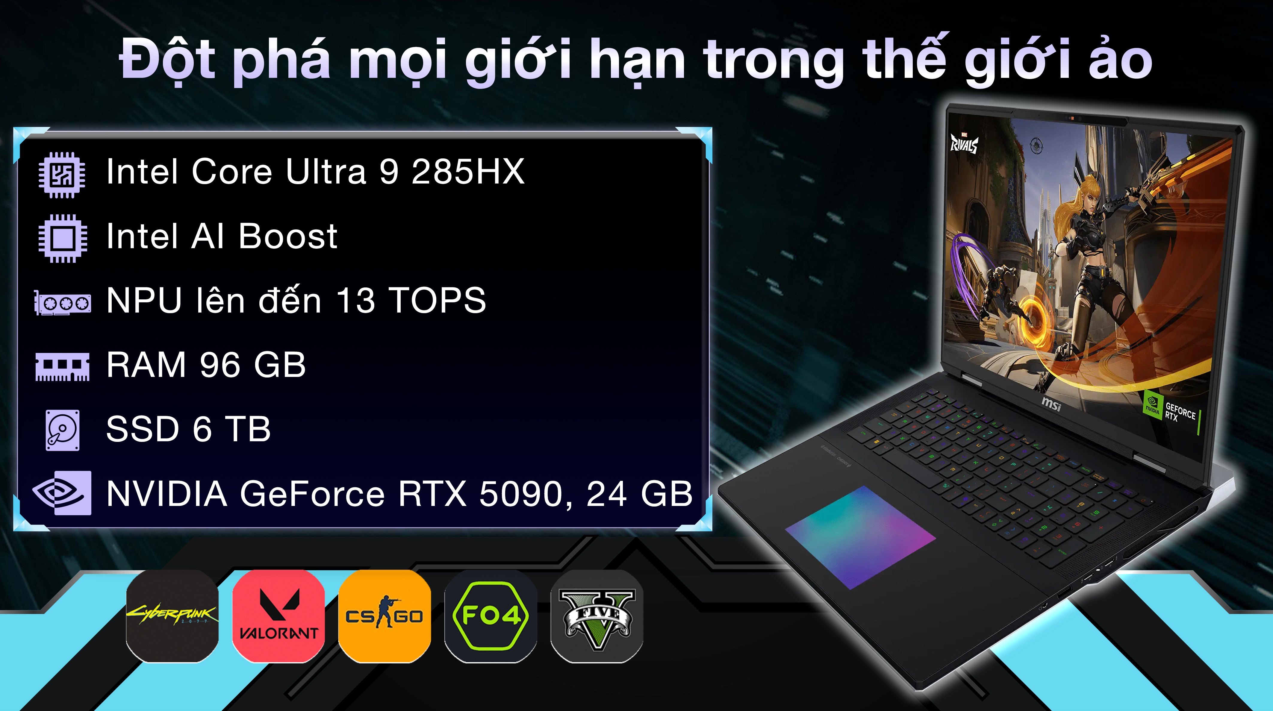 Laptop MSI Gaming Titan 18 HX AI A2XWJG - 035VN (Ultra 9 285HX, 96GB, 6TB, RTX 5090 24GB, 4K 120Hz, Win11)