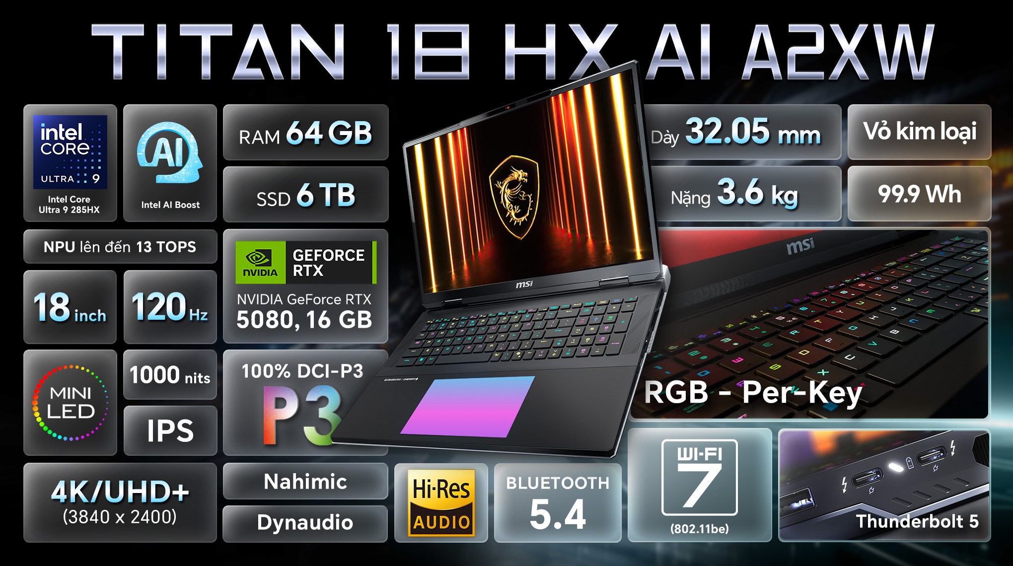 Laptop MSI Gaming Titan 18 HX AI A2XWIG Ultra 9 285HX/64GB/6TB/16GB RTX5080/120Hz/Win11 (090VN)