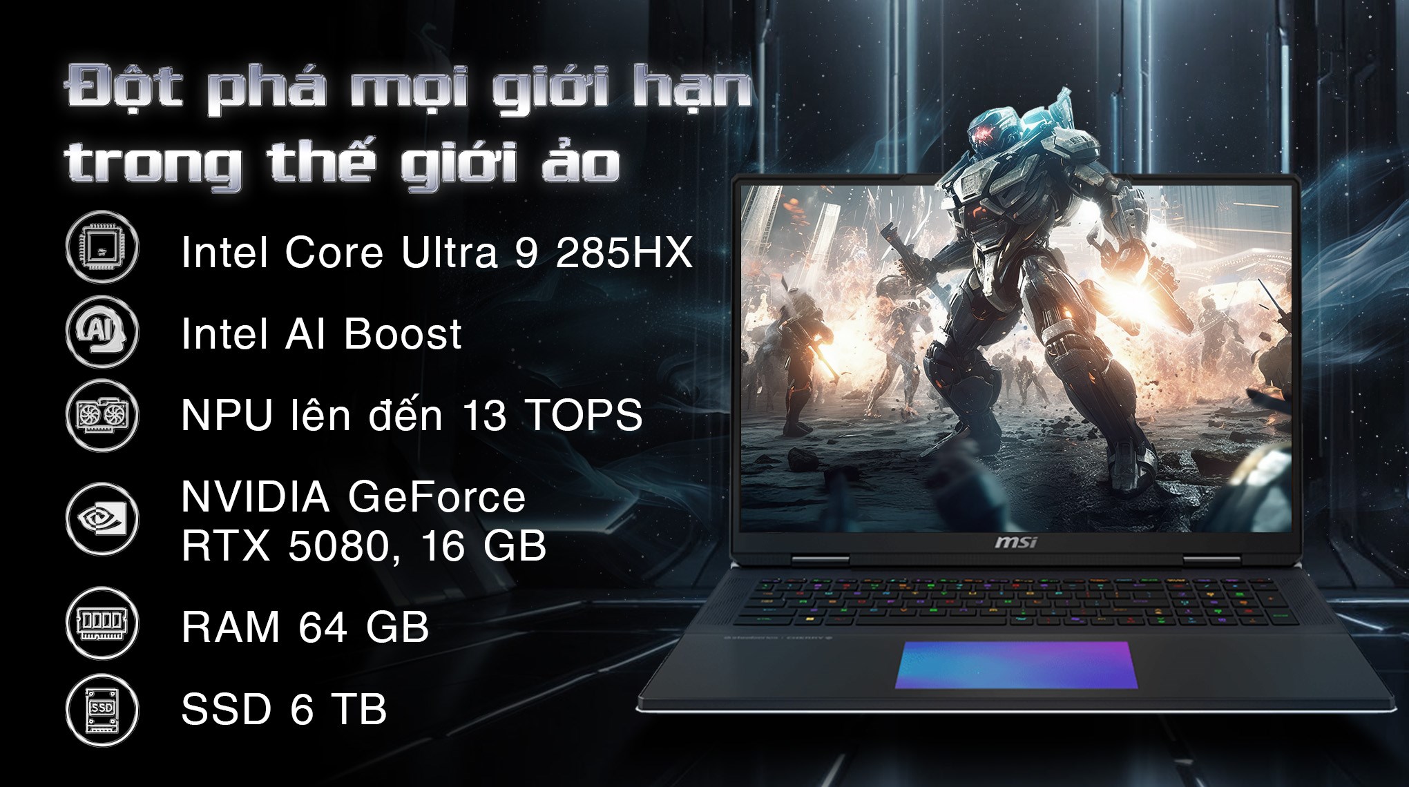Laptop MSI Gaming Titan 18 HX AI A2XWIG - 090VN (Ultra 9 285HX, 64GB, 6TB, RTX 5080 16GB, 4K 120Hz, Win11)