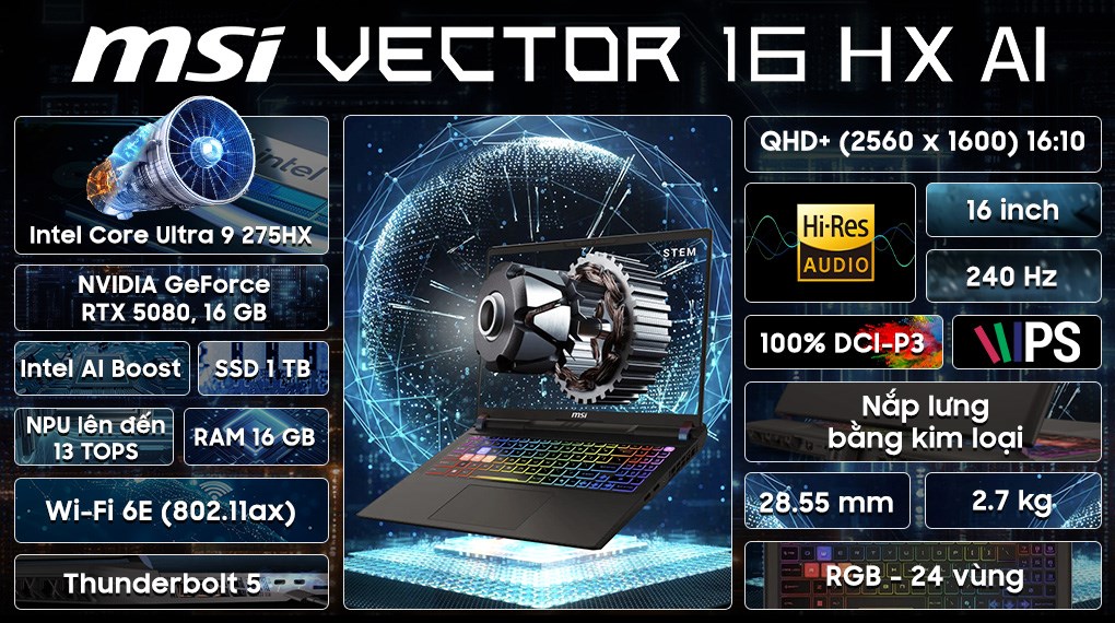 Laptop MSI Gaming Vector 16 HX AI A2XWIG - 062VN (Ultra 9 275HX, 16GB, 1TB, RTX 5080 16GB, QHD+ 240Hz, Win11)