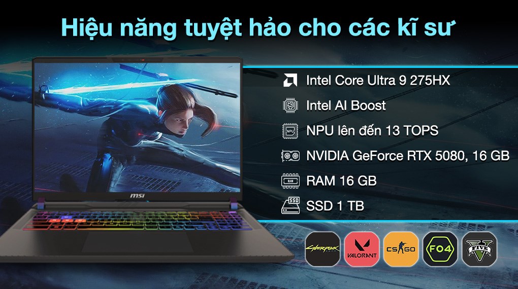 Laptop MSI Gaming Vector 16 HX AI A2XWIG - 062VN (Ultra 9 275HX, 16GB, 1TB, RTX 5080 16GB, QHD+ 240Hz, Win11)