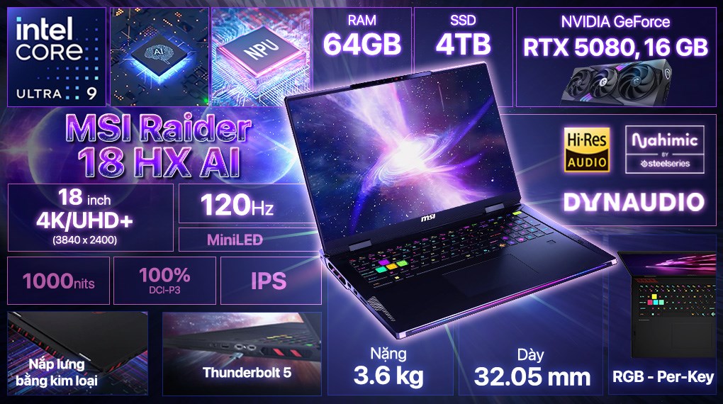 Laptop MSI Raider 18 HX AI A2XWIG - 033VN (Ultra 9 285HX, 64GB, 4TB, RTX 5080 16GB, 4K 120Hz, Win11)