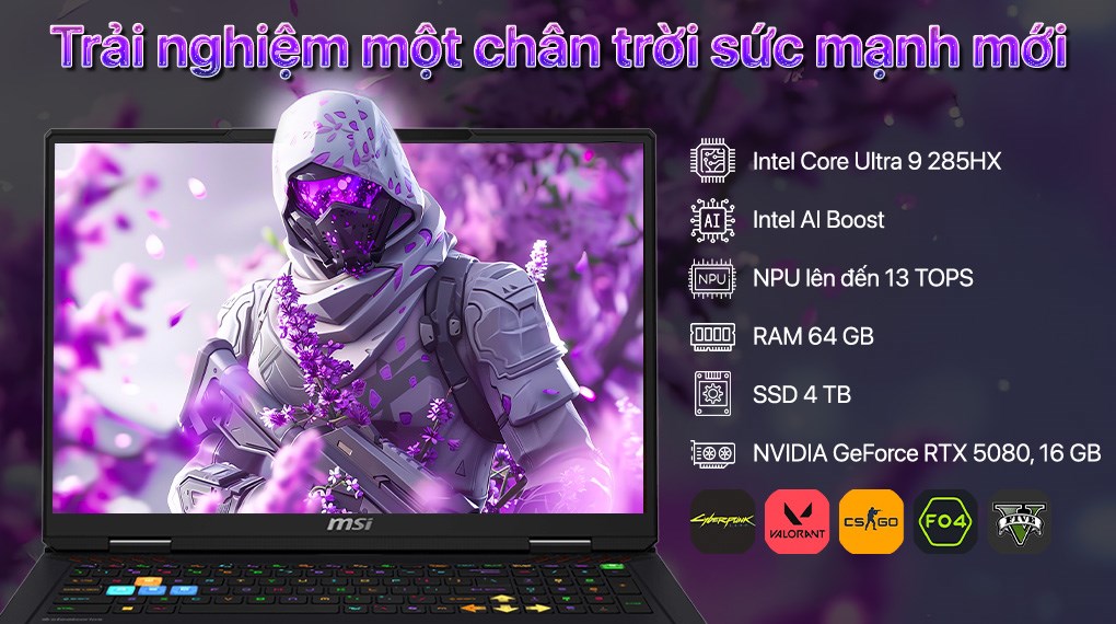 Laptop MSI Raider 18 HX AI A2XWIG - 033VN (Ultra 9 285HX, 64GB, 4TB, RTX 5080 16GB, 4K 120Hz, Win11)