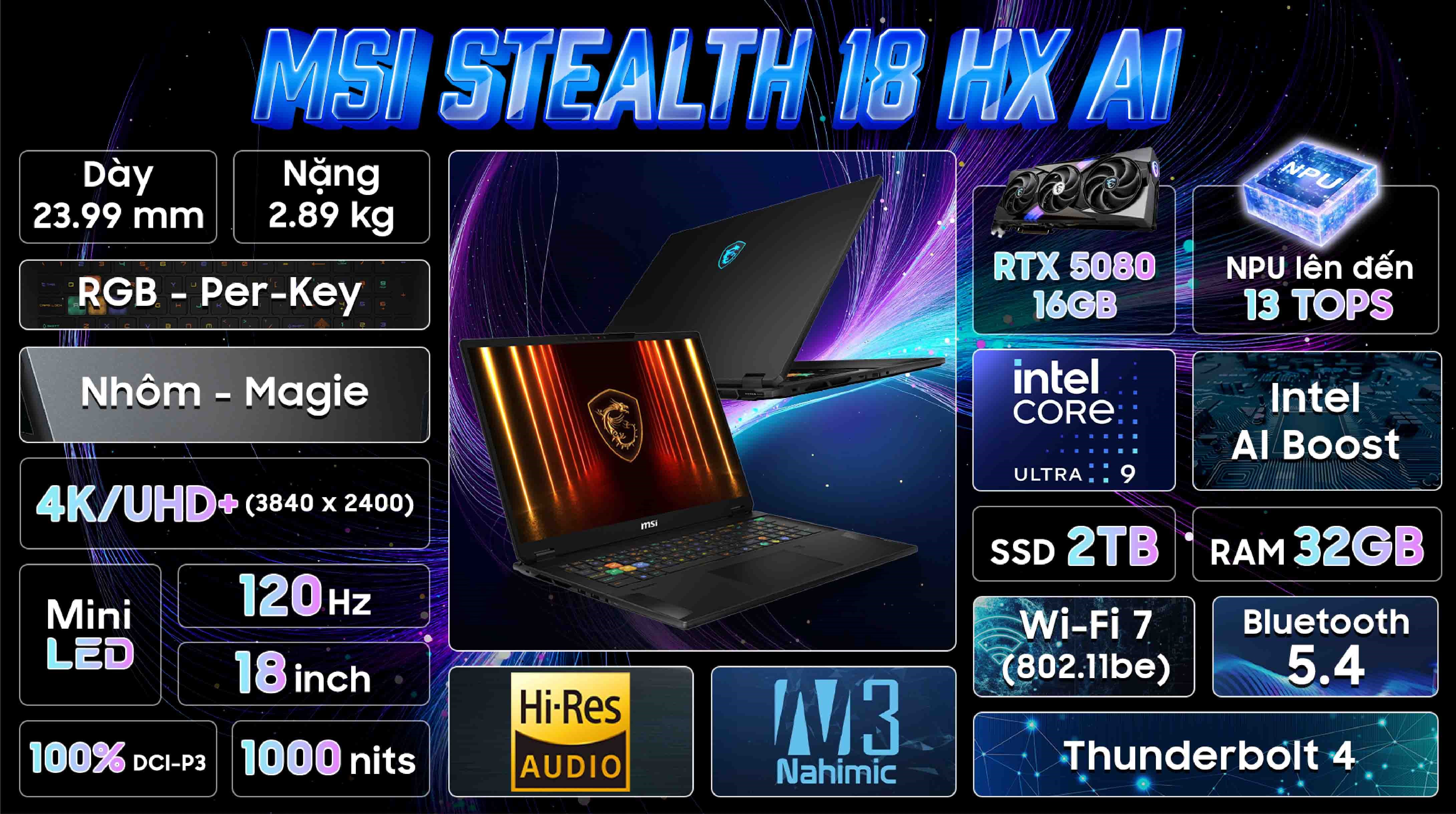 Laptop MSI Gaming Stealth 18 HX AI A2XWIG - 017VN (Ultra 9 275HX, 32GB, 2TB, RTX 5080 16GB, 4K 120Hz, Win11)