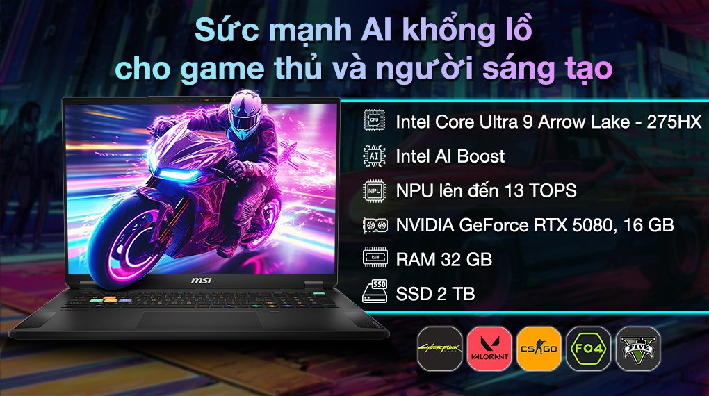 Laptop MSI Gaming Stealth 18 HX AI A2XWIG - 017VN (Ultra 9 275HX, 32GB, 2TB, RTX 5080 16GB, 4K 120Hz, Win11)