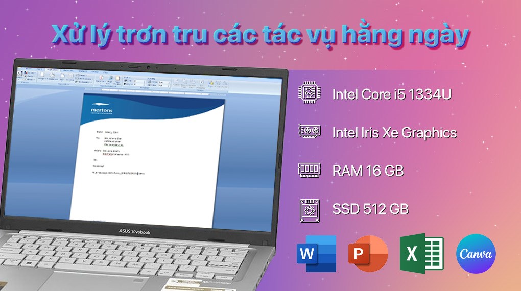 Laptop Asus Vivobook 14 X1404VA - NK771WS (i5 1334U, 16GB, 512GB, Full HD, OfficeH24+365, Win11)