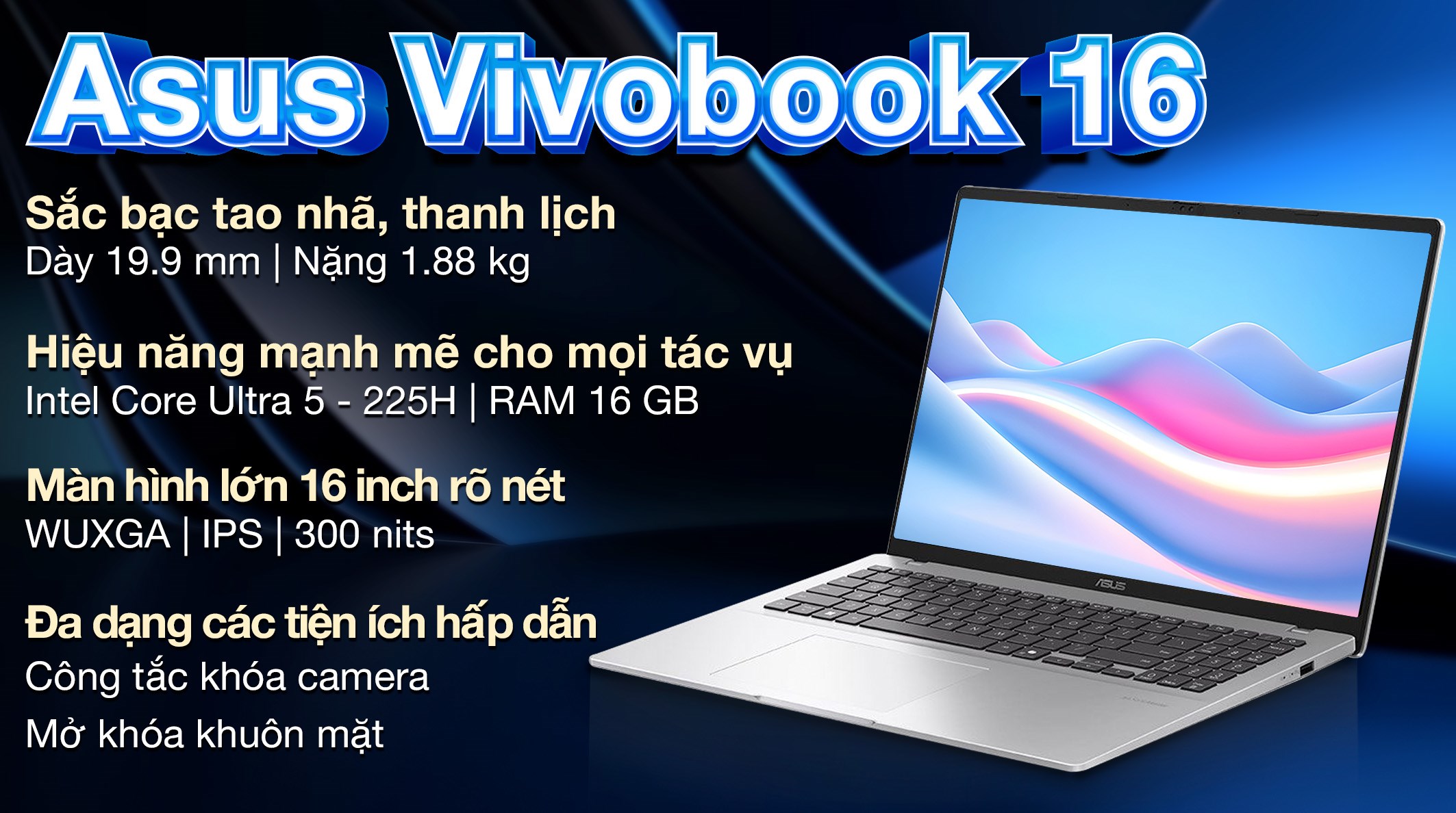 Laptop Asus Vivobook 16 A1607CA - MB038WS (Ultra 5 225H, 16GB, 512GB, WUXGA, OfficeH24+365, Win11)