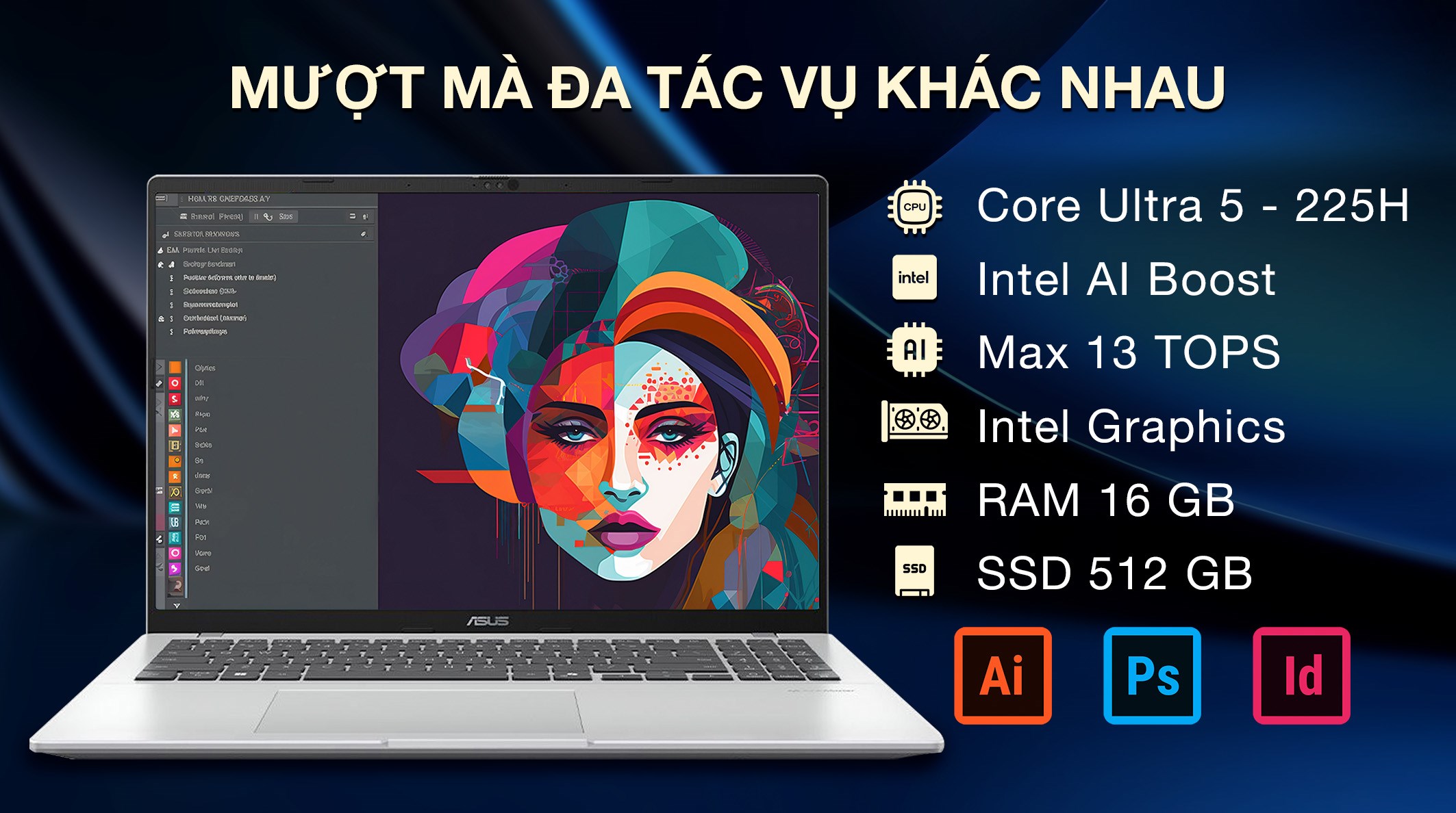 Laptop Asus Vivobook 16 A1607CA - MB038WS (Ultra 5 225H, 16GB, 512GB, WUXGA, OfficeH24+365, Win11)