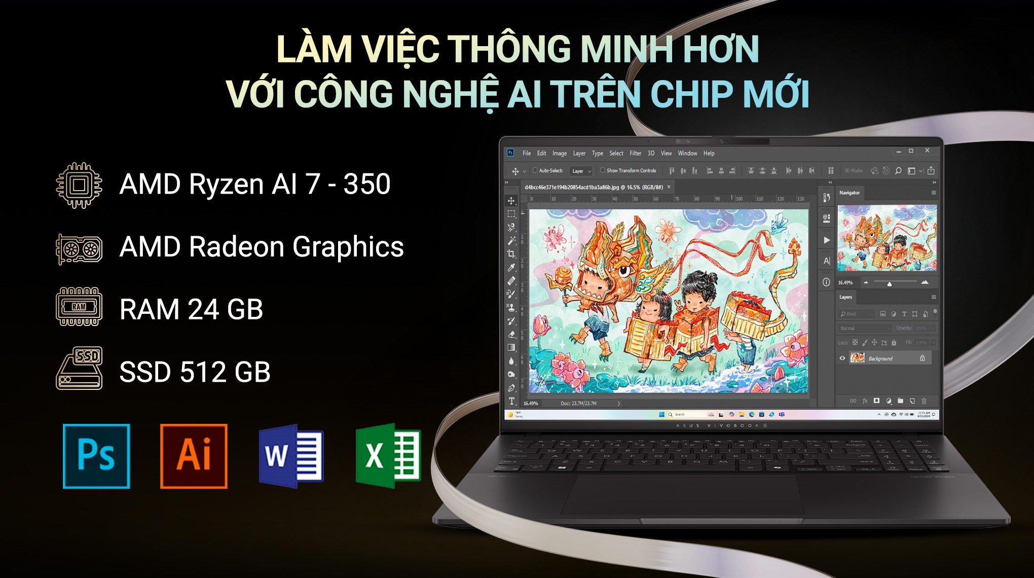 Laptop Asus Vivobook S16 M5606KA - RI016WS (R7 AI 350, 24GB, 512GB, 2.8K OLED 120Hz, OfficeH24+365, Win11)