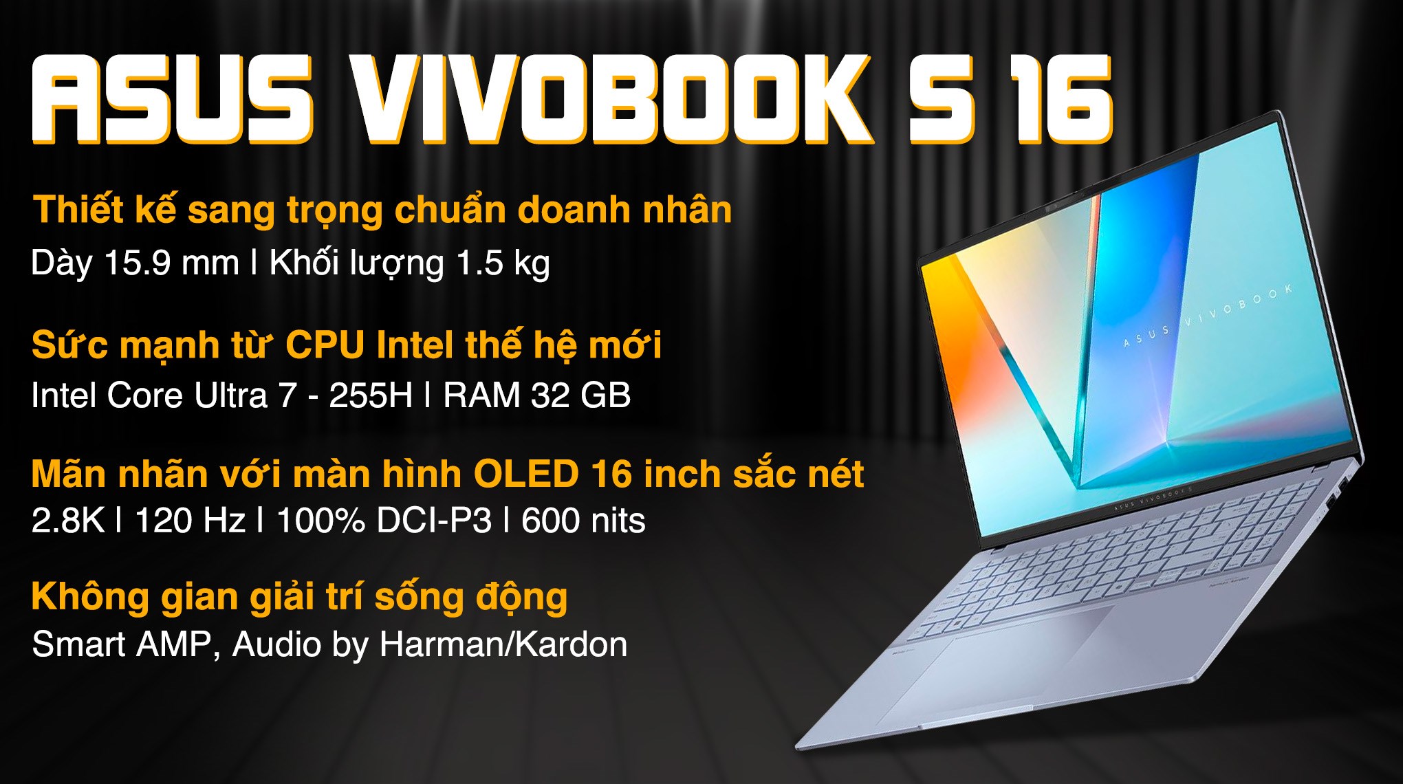Laptop Asus Vivobook S16 S5606CA - RI115WS (Ultra 7 255H, 32GB, 1TB, 2.8K 120Hz, OfficeH24+365, Win11)