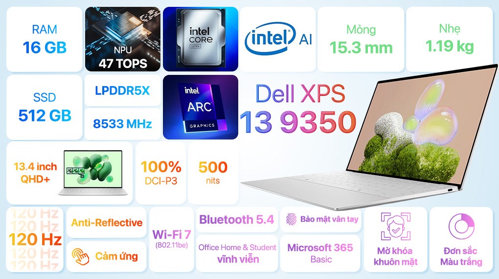 Laptop Dell XPS 13 9350 - XPSU7016W1 (Ultra 7 256V, 16GB, 512GB, QHD+ 120Hz, Cảm ứng, OfficeH24+365, Win11)