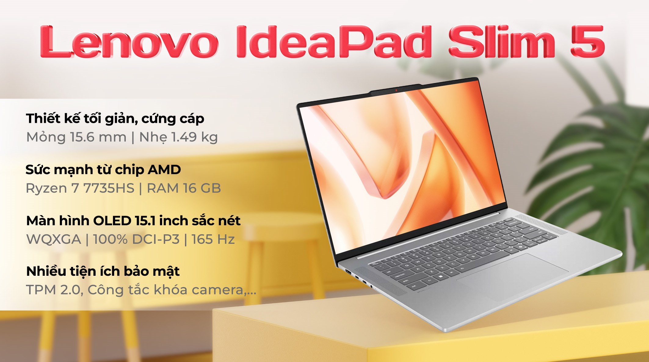 Laptop Lenovo IdeaPad Slim 5 OLED 15ARP10 - 83J3001DVN (R7 7735HS, 16GB, 512GB, WQXGA OLED 165Hz, Win11)