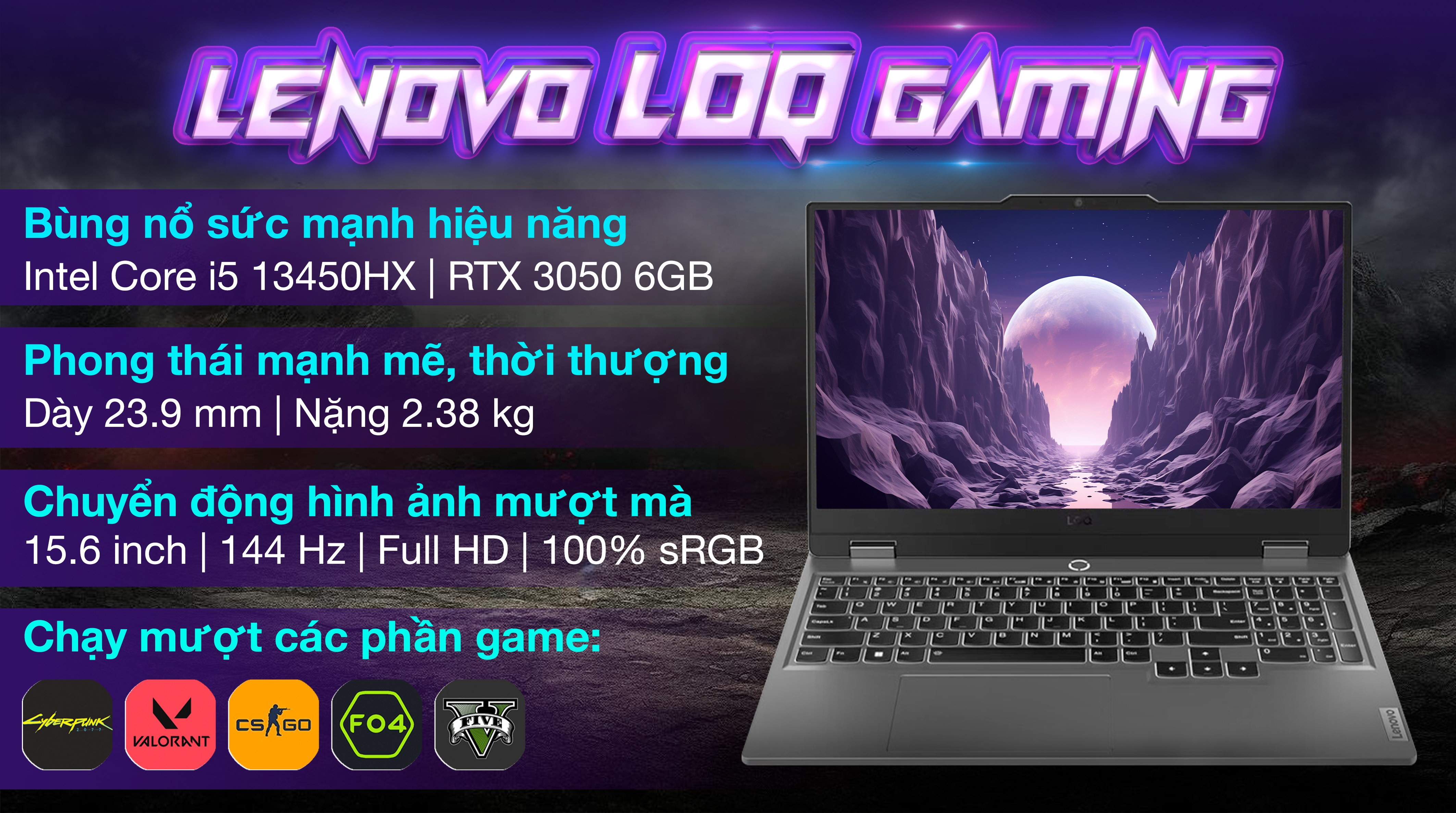 Laptop Lenovo Gaming LOQ 15IRX9 - 83DV003CVN (i5 13450HX, 16GB, 512GB, RTX 3050 6GB, Full HD 144Hz, Win11)