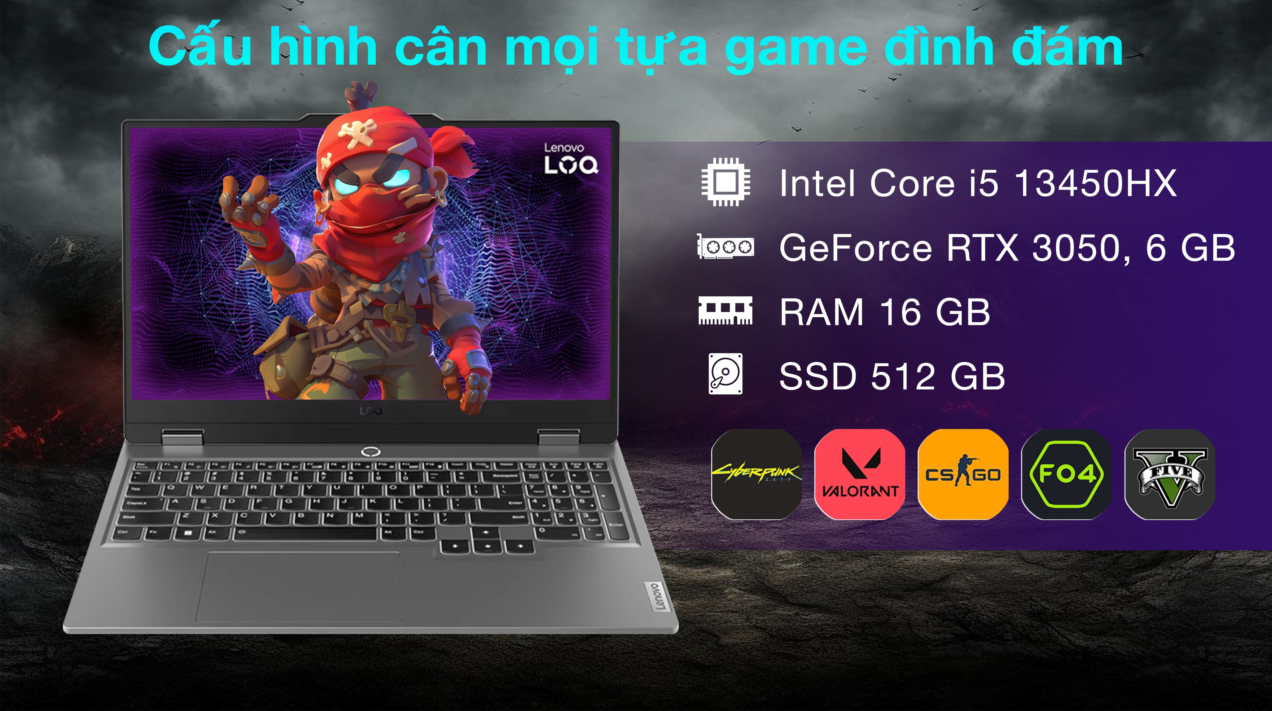 Laptop Lenovo Gaming LOQ 15IRX9 - 83DV003CVN (i5 13450HX, 16GB, 512GB, RTX 3050 6GB, Full HD 144Hz, Win11)