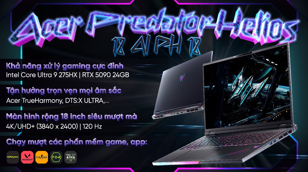 Laptop Acer Gaming Predator Helios 18 AI PH18 73 98AQ - NH.QVWSV.001 (Ultra 9 275HX, 192GB, 6TB, RTX 5090 24GB, 4K 120Hz, Win11 Pro)