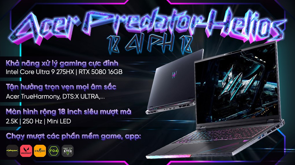 Laptop Acer Gaming Predator Helios 18 AI PH18 73 93P0 - NH.QVYSV.001 (Ultra 9 275HX, 64GB, 3TB, RTX 5080 12GB, 2.5K 250Hz, Win11 Pro)