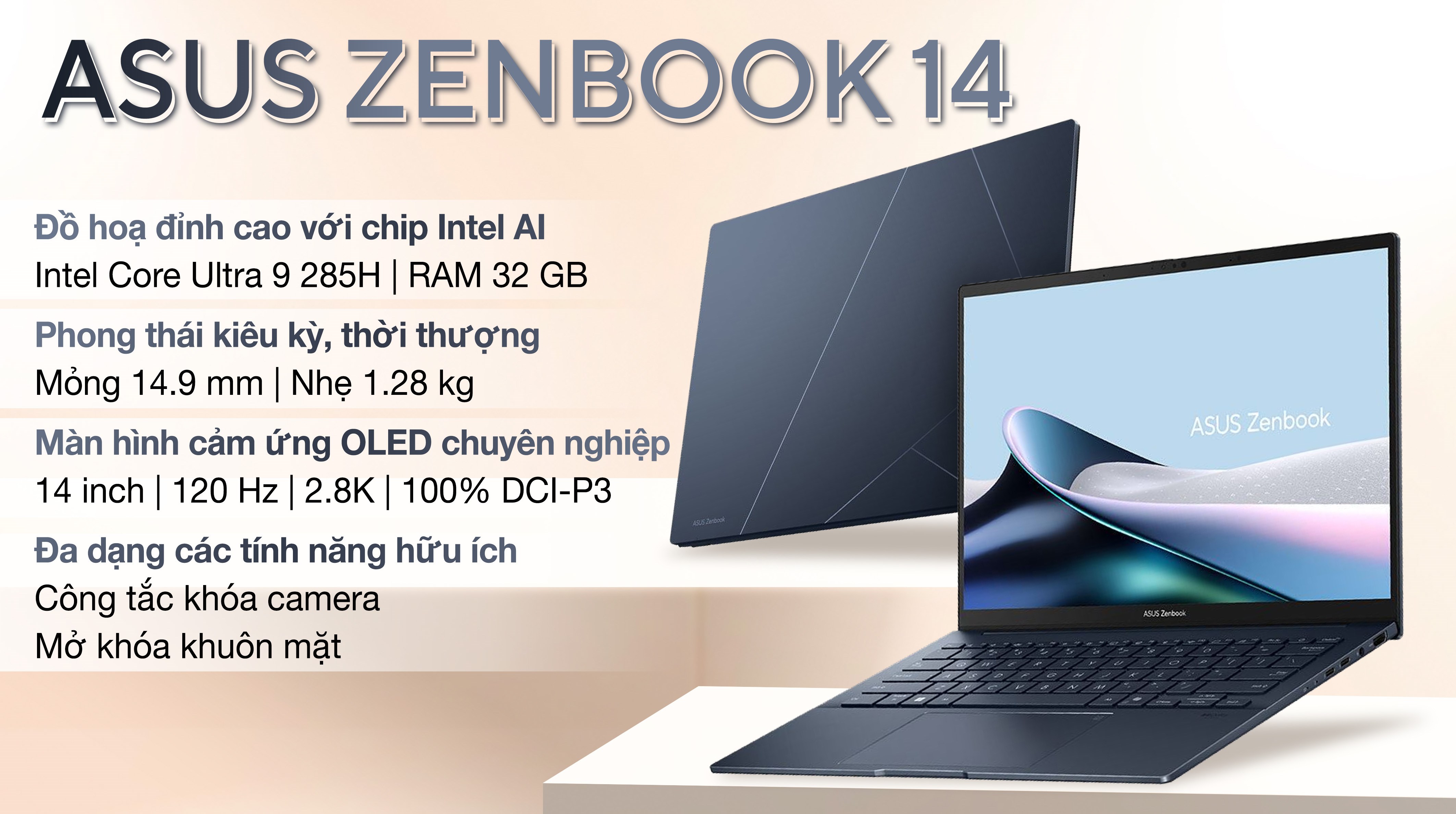 Laptop Asus Zenbook 14 UX3405CA - PZ204WS (Ultra 9 285H, 32GB, 1TB, 2.8K 120Hz, Cảm ứng, OfficeH24+365, Win11)