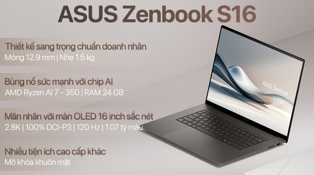 Laptop Asus Zenbook S16 UM5606KA - RK113WS (R7 AI 350, 24GB, 1TB, 2.8K OLED 120Hz, OfficeH24+365, Win11)