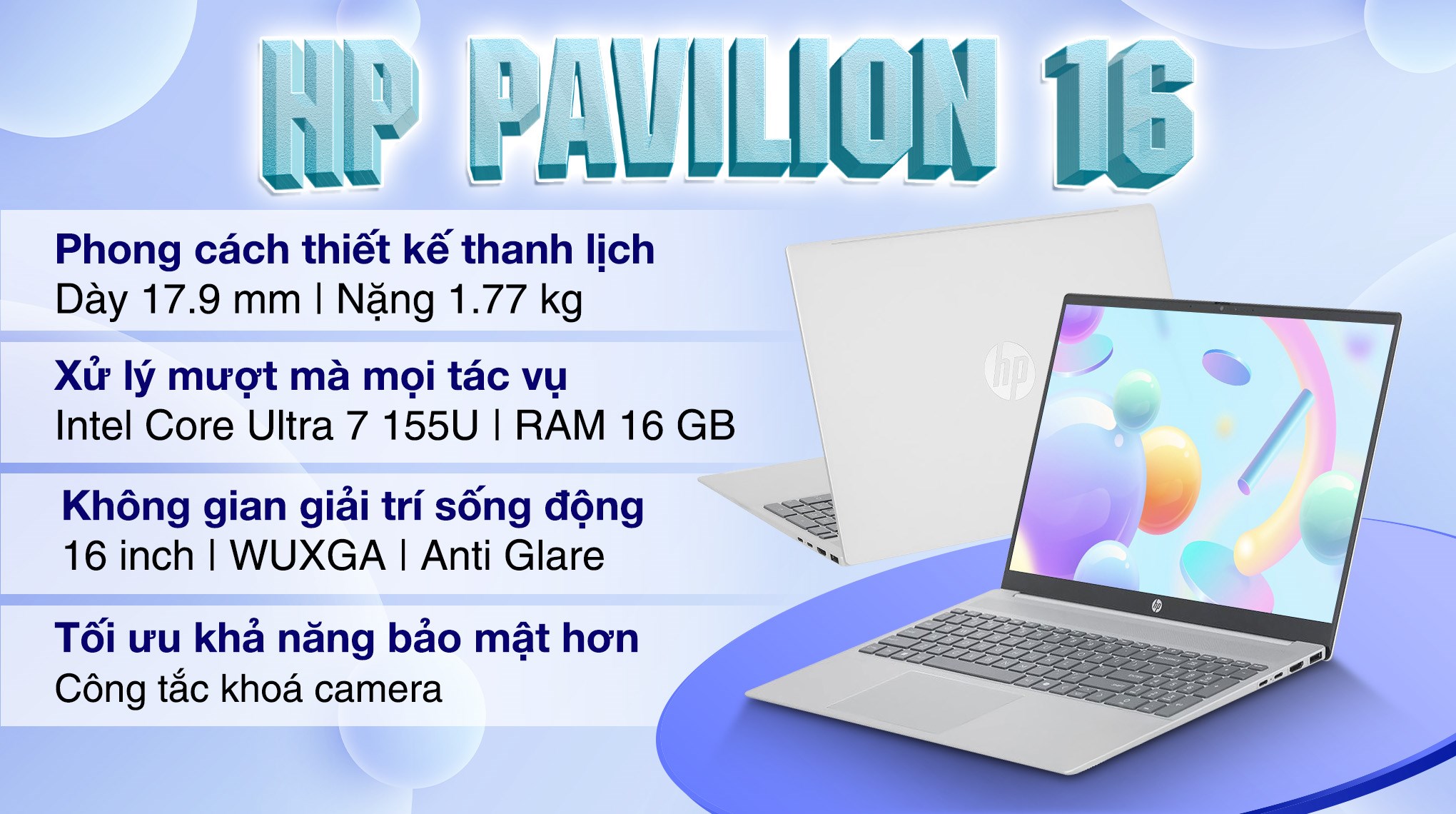 Laptop HP Pavilion 16 af0052TU - AY8C1PA (Ultra 7 155U, 16GB, 1TB, WUXGA, OfficeHS+365, Win11)