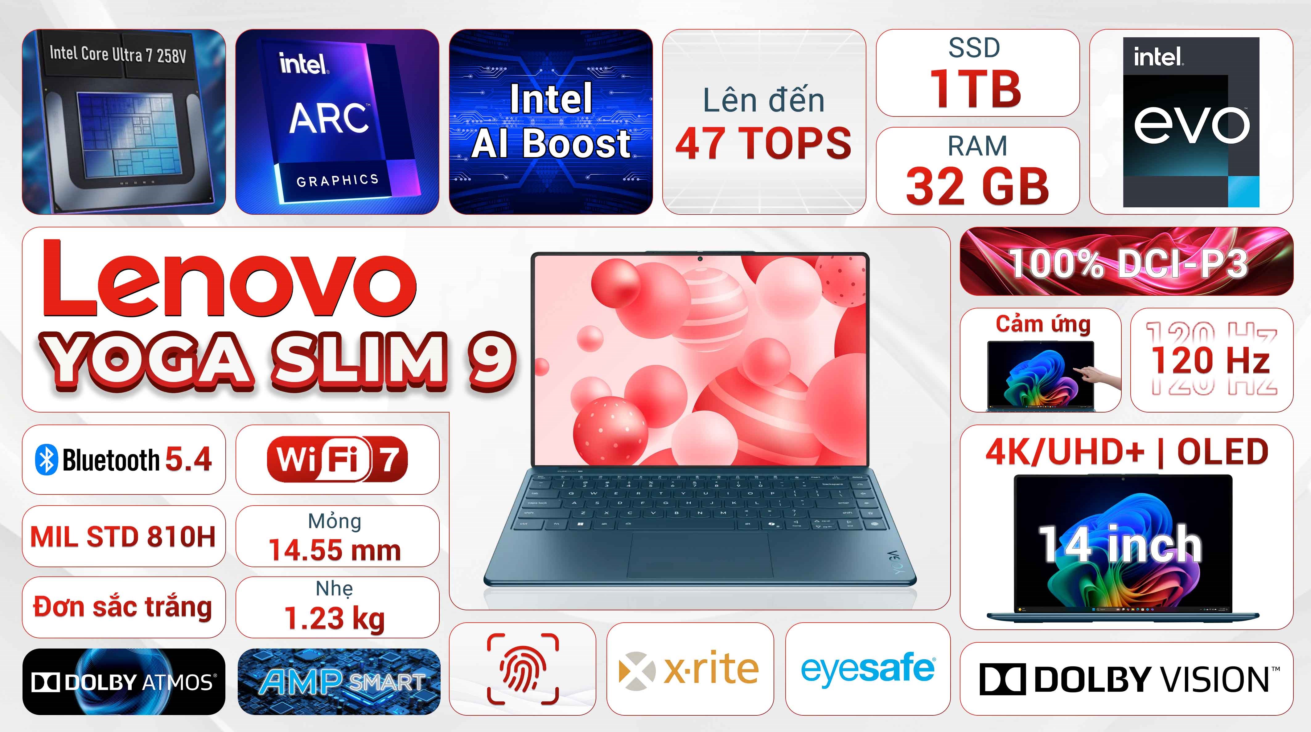 Laptop Lenovo Yoga Slim 9 OLED 14ILL10 - 83CX001AVN (Ultra 7 258V, 32GB, 1TB, 4K OLED 120Hz, Cảm ứng, OfficeH24+365, Win11)