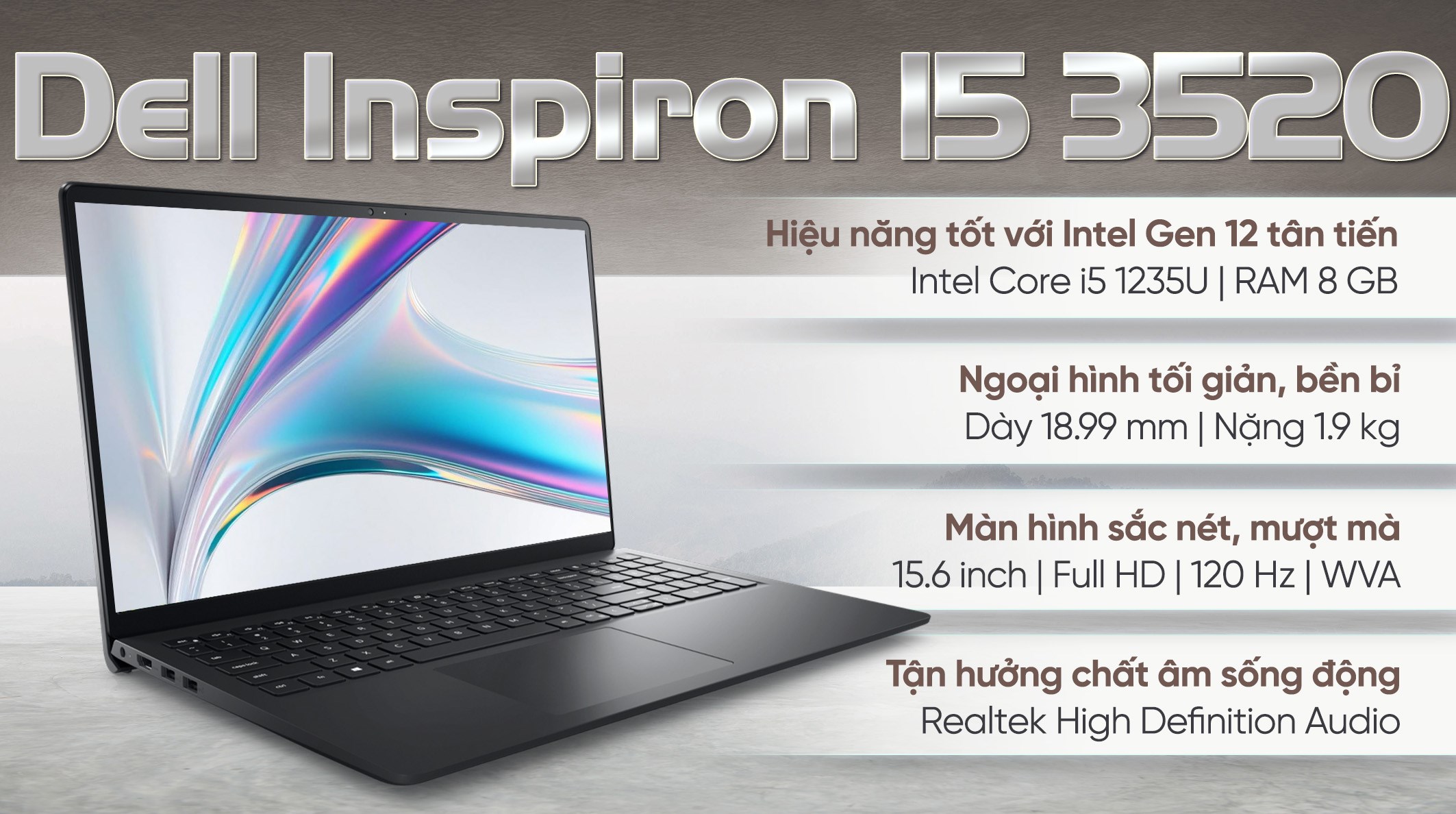 Laptop Dell Inspiron 15 3520 - N3520-i5U085W11BLU-FP (i5 1235U, 8GB, 512GB, Full HD 120Hz, OfficeH24+365, Win11)