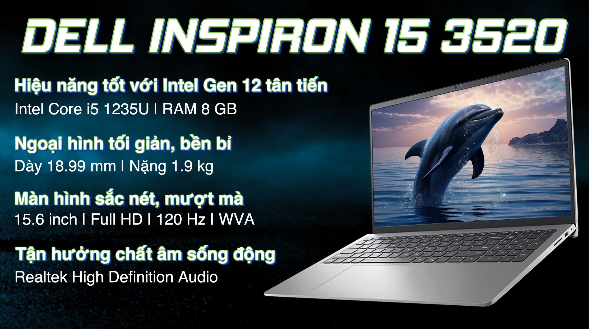 Laptop Dell Inspiron 15 3520 - N3520-i5U085W11SLU (i5 1235U, 8GB, 512GB, Full HD 120Hz, OfficeH24+365, Win11)