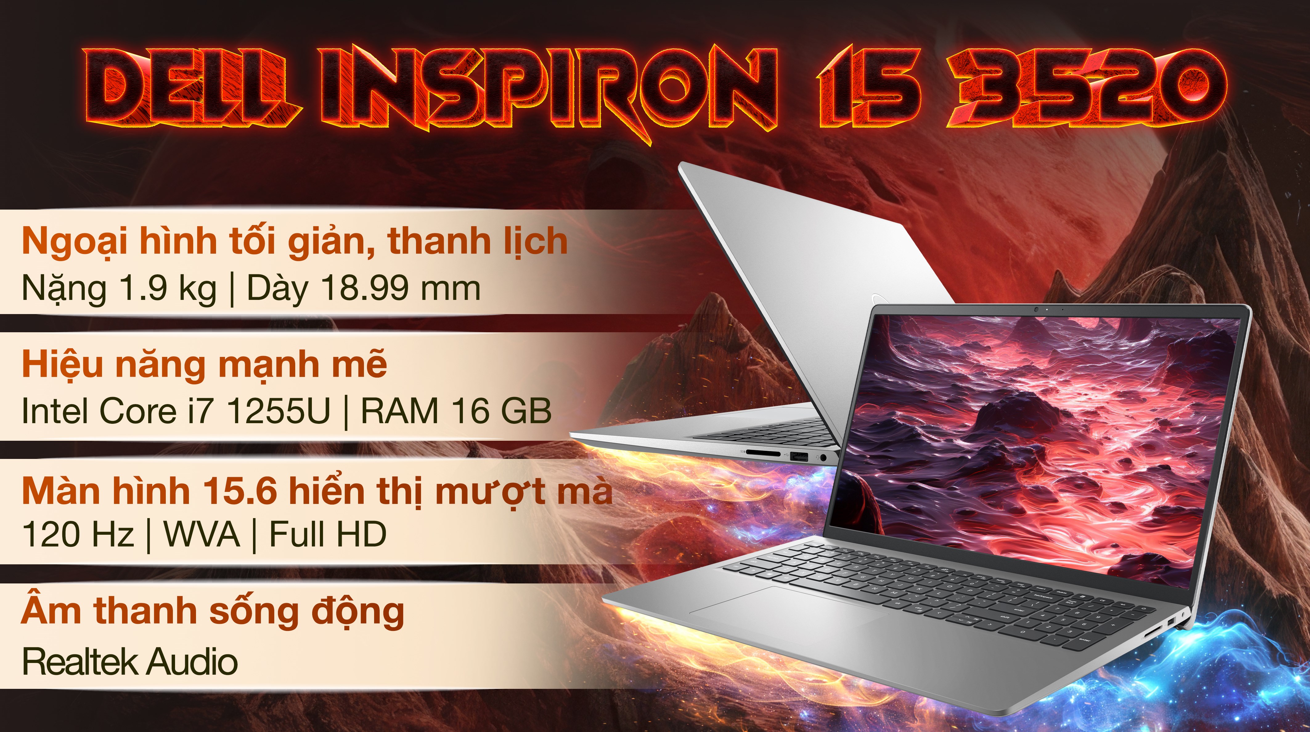 Laptop Dell Inspiron 15 3520 - N3520-i7U165W11SLU-BL (i7 1255U, 16GB, 512GB, Full HD 120Hz, OfficeH24+365, Win11)