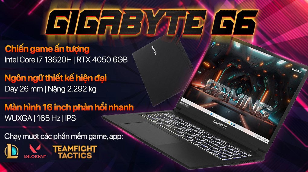 Laptop GIGABYTE Gaming G6 MF RC56 - 9RC56MF0HJIIXIVN000 (i7 13620H, 16GB, 512GB, RTX 4050 6GB, WUXGA 165Hz, Win11)