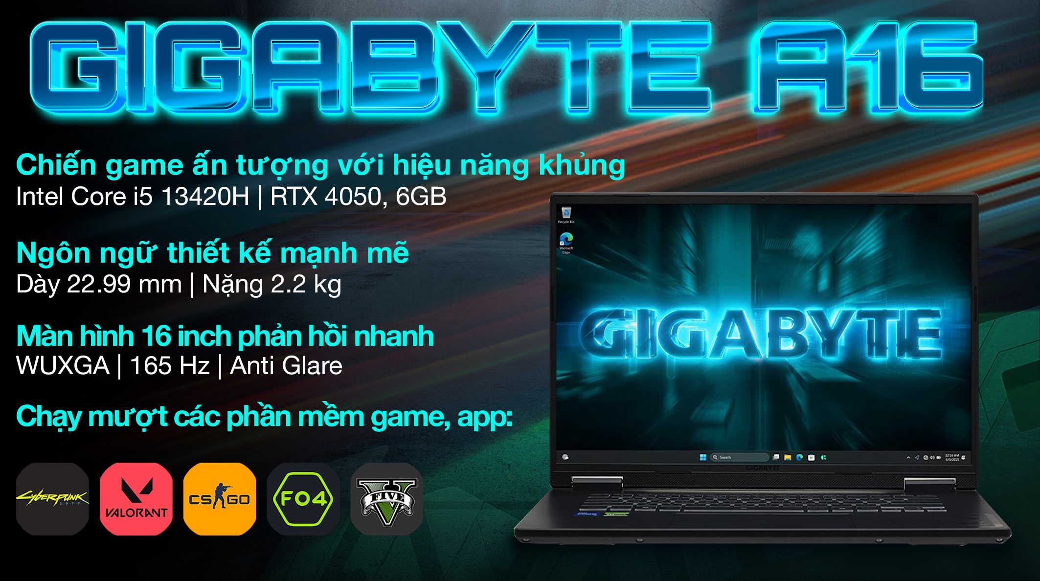 Laptop GIGABYTE Gaming A16 GA6H - GAMING-A16-CMHH2VN893SH (i5 13420H, 16GB, 512GB, RTX 4050 6GB, WUXGA 165Hz, Win11)