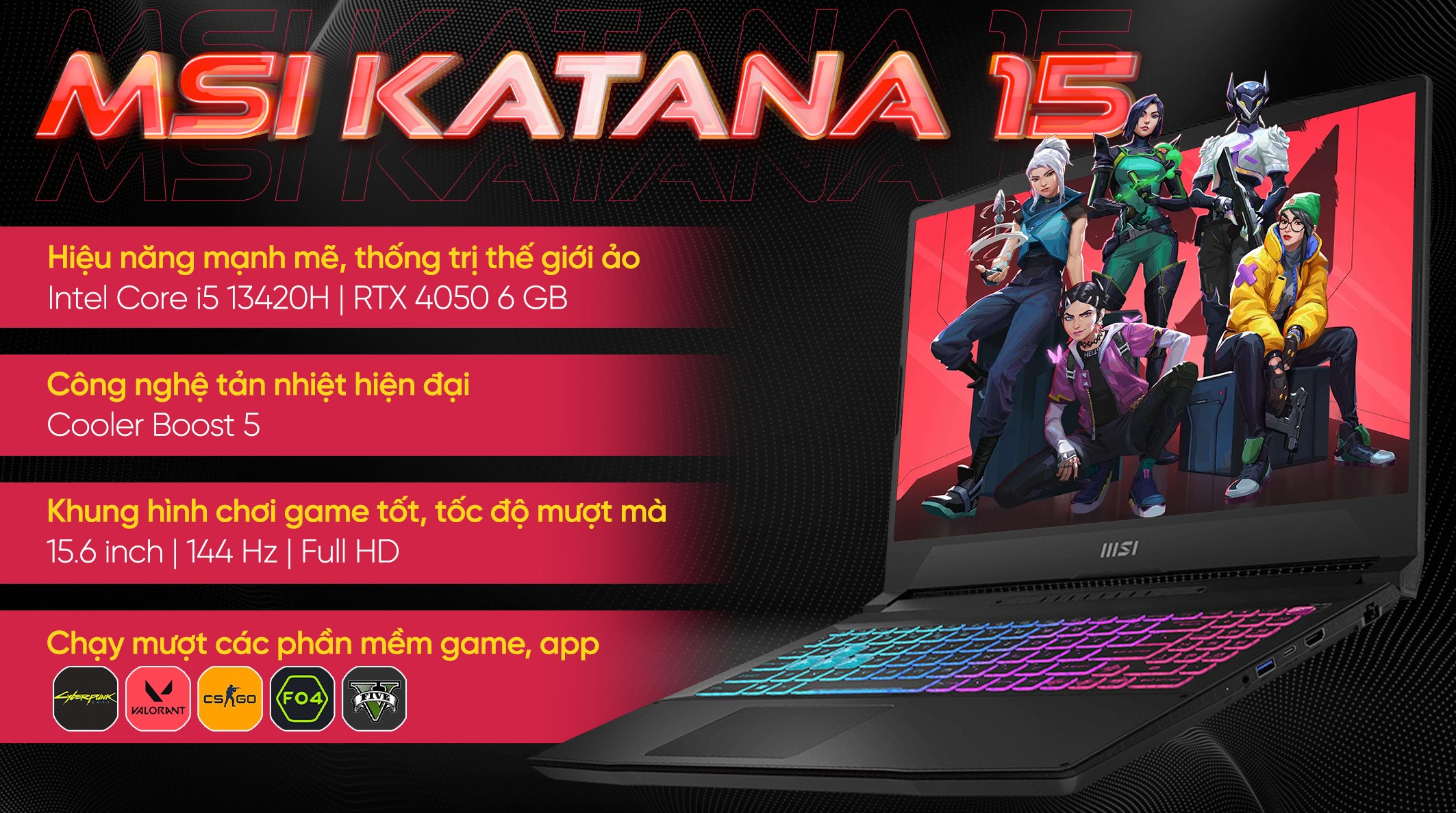 Laptop MSI Gaming Katana 15 B13VEK - 2416VN (i5 13420H, 16GB, 512GB, RTX 4050 6GB, Full HD 144Hz, Win11)