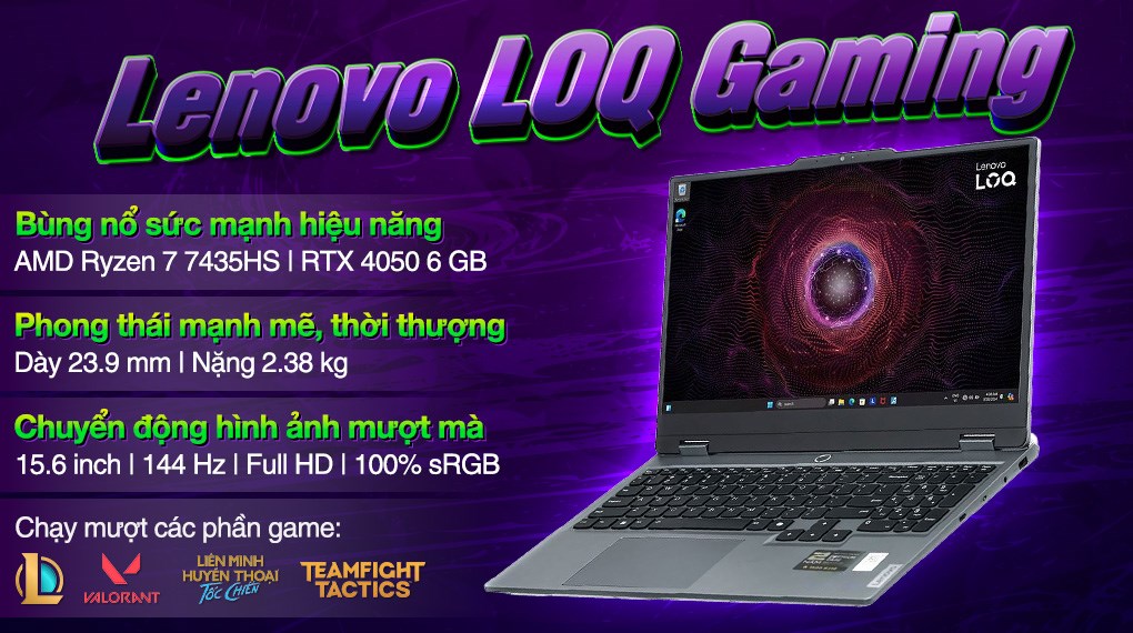 Laptop Lenovo Gaming LOQ 15ARP9 - 83JC00J0VN (R7 7435HS, 24GB, 512GB, RTX 4050 6GB, Full HD 144Hz, Win11)