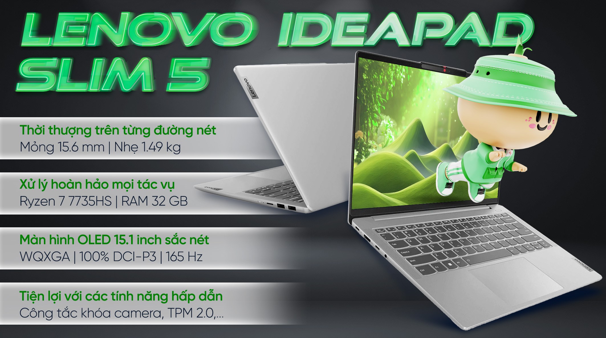 Laptop Lenovo IdeaPad Slim 5 OLED 15ARP10 - 83J3002SVN (R7 7735HS, 32GB, 512GB, WQXGA OLED 165Hz, Win11)