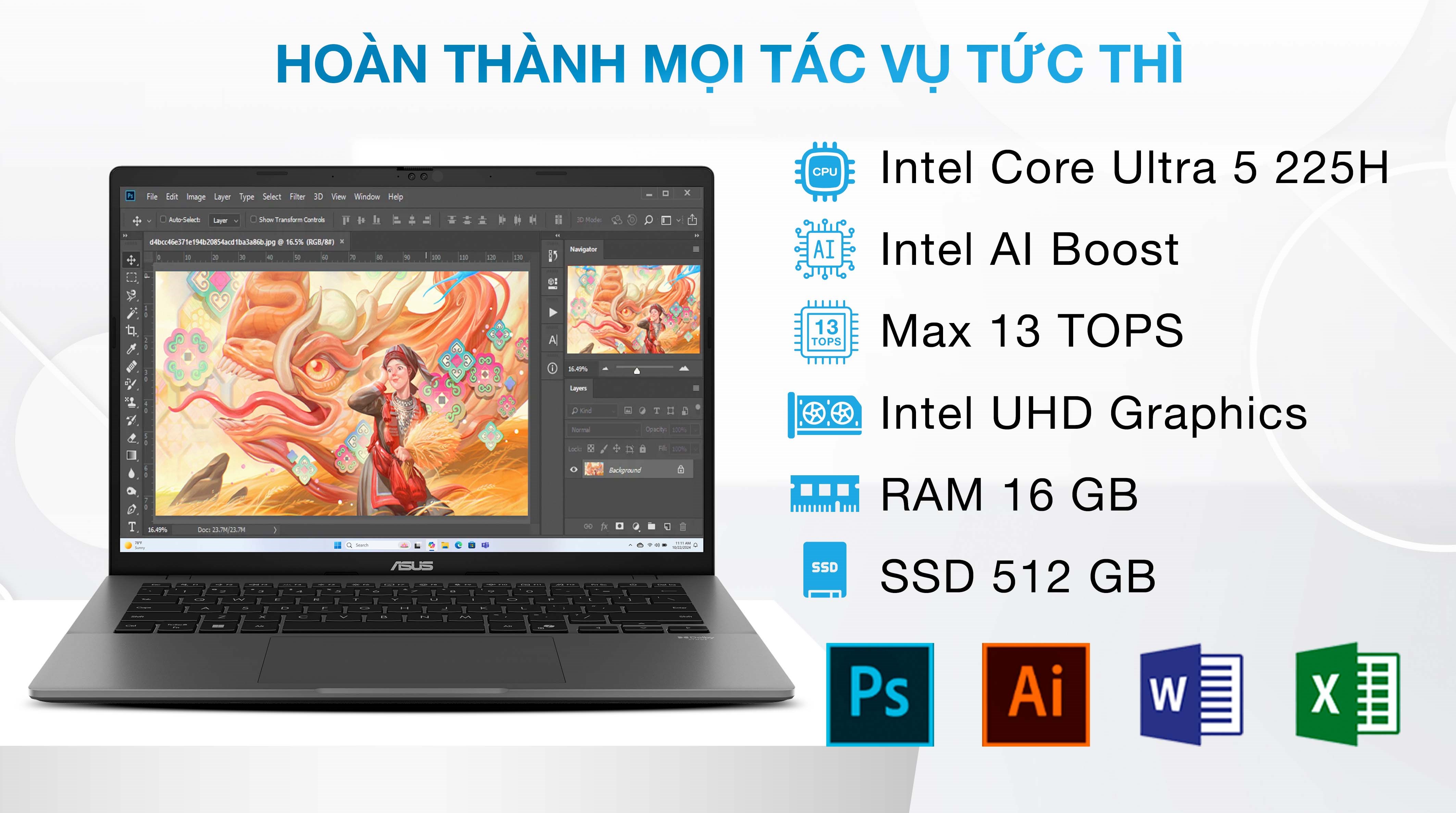 Laptop Asus Vivobook S14 S3407CA - LY095WS (Ultra 5 225H, 16GB, 512GB, WUXGA, OfficeH24+365, Win11)