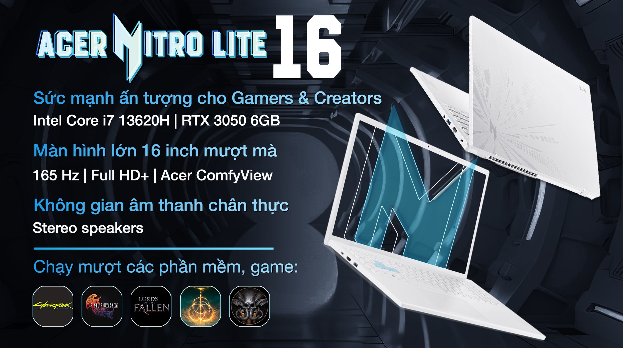 Laptop Acer Gaming Nitro Lite 16 NL16 71G 71UJ - NH.D59SV.002 (i7 13620H, 16GB, 512GB, RTX 3050 6GB, Full HD+ 165Hz, Win11)