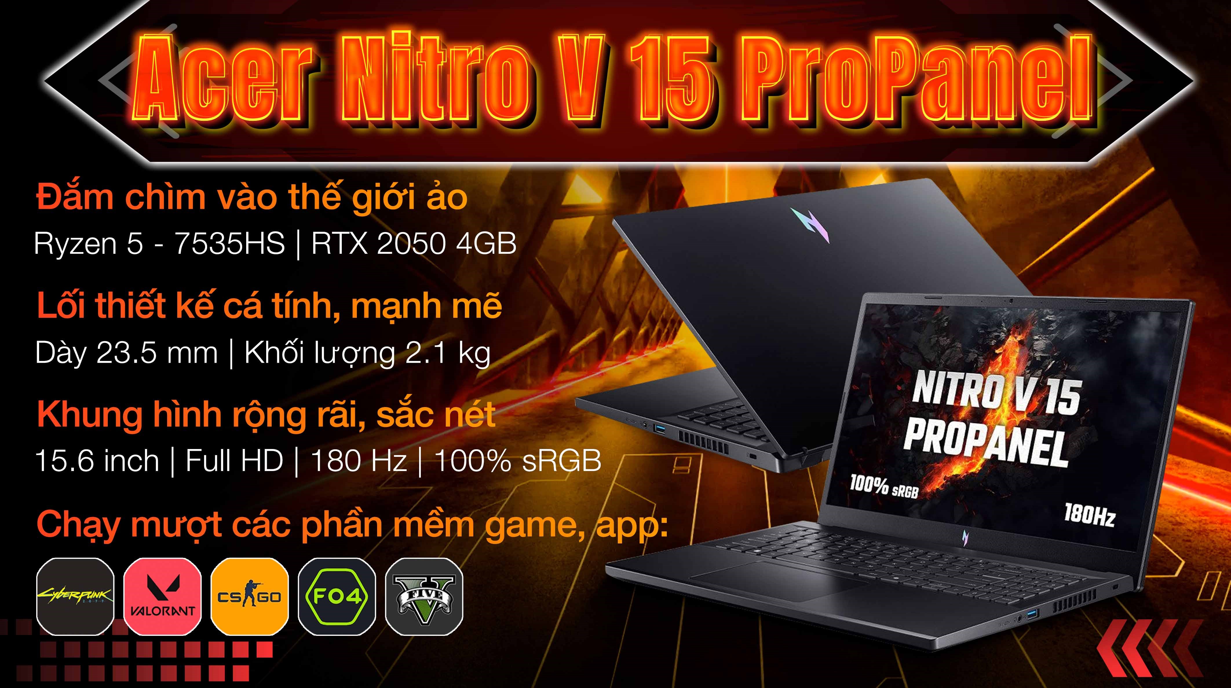 Laptop Acer Gaming Nitro V 15 ProPanel ANV15 41 R7AP - NH.QPGSV.002 (R5 7535HS, 16GB, 512GB, RTX 2050 4GB, Full HD 180Hz, Win11)