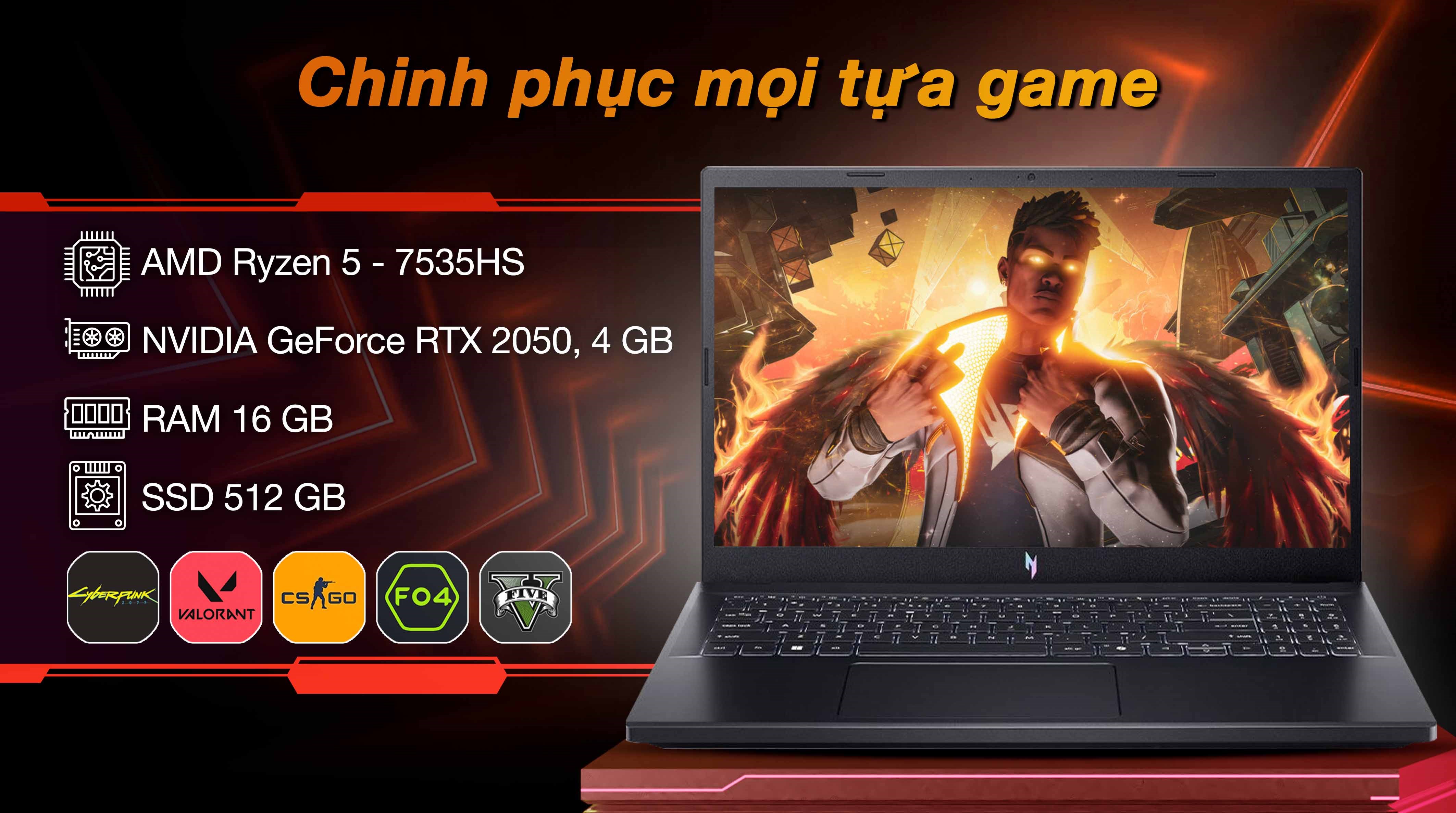 Laptop Acer Gaming Nitro V 15 ProPanel ANV15 41 R7AP - NH.QPGSV.002 (R5 7535HS, 16GB, 512GB, RTX 2050 4GB, Full HD 180Hz, Win11)