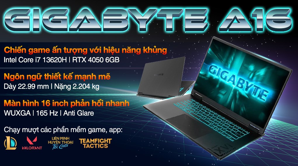 Laptop GIGABYTE Gaming A16 GA6H - GAMING-A16-CMHI2VN893SH (i7 13620H, 16GB, 512GB, RTX 4050 6GB, WUXGA 165Hz, Win11)