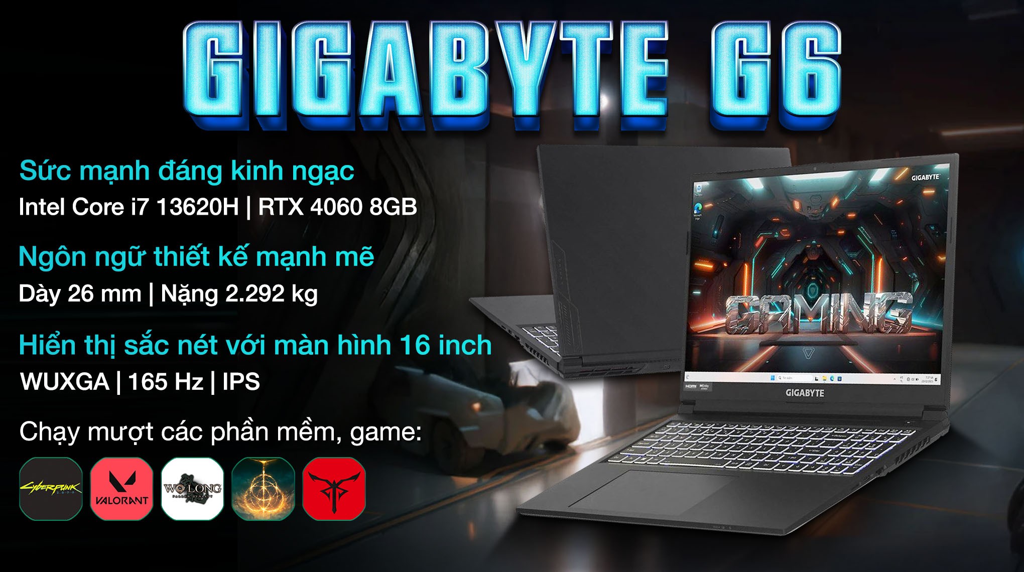 Laptop GIGABYTE Gaming G6 KF RC56 - 9RC56KF0HJIIXIVN000 (i7 13620H, 16GB, 512GB, RTX 4060 8GB, WUXGA 165Hz, Win11)